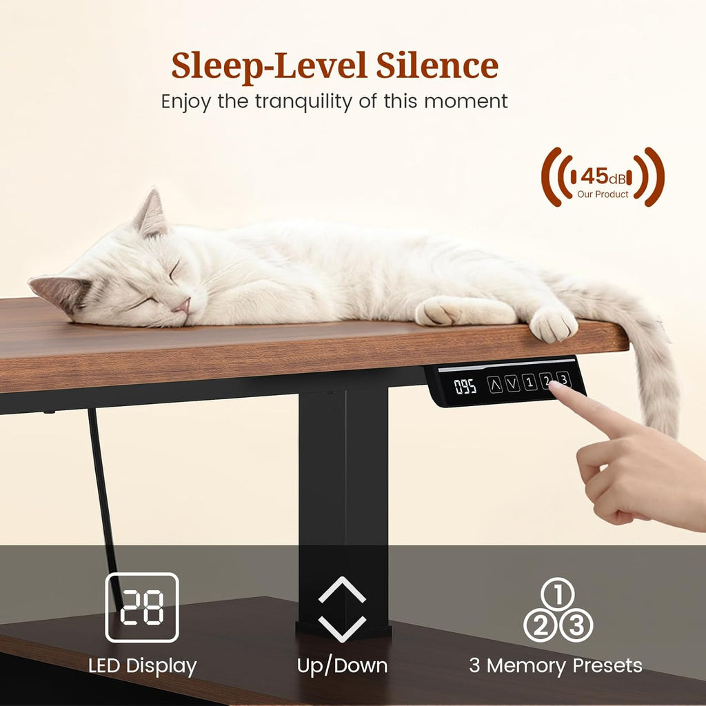 UPOSOJA L Shaped Standing Desk Adjustable Height, 53" Electric Office Desk with File Drawers & Storage Shelves, Sit Stand Corner Computer Desk with Power Outlets, Pegboard, 6 Hooks, Black & Walnut