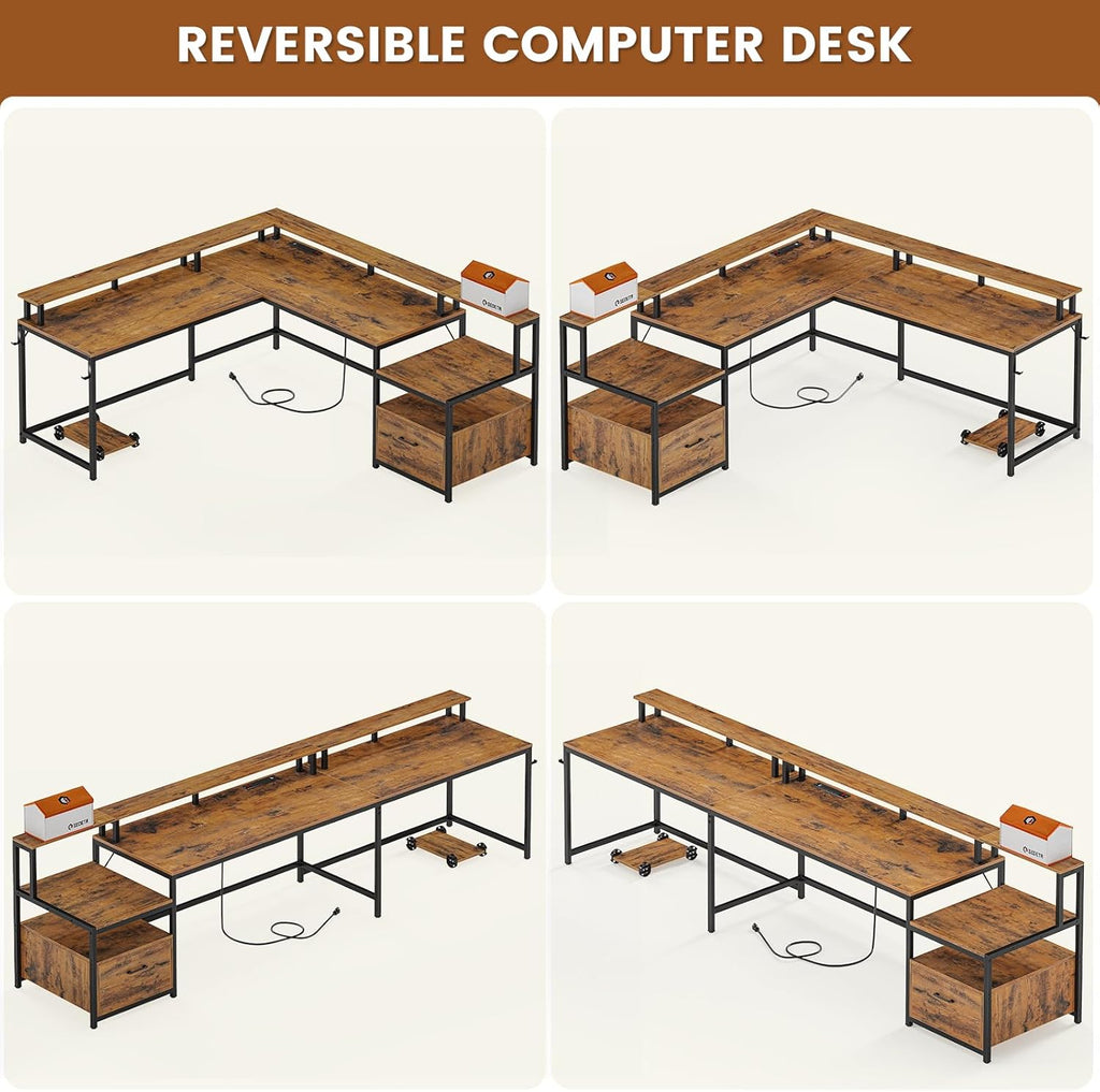 SEDETA L Shaped Office Desk, 66" Corner L Shaped Computer Desk with Wood File Drawer & Power Outlet for Home Office, Gaming Table with Led Lights, Monitor Shelf, Printer Storage Shelves, Rustic Brown