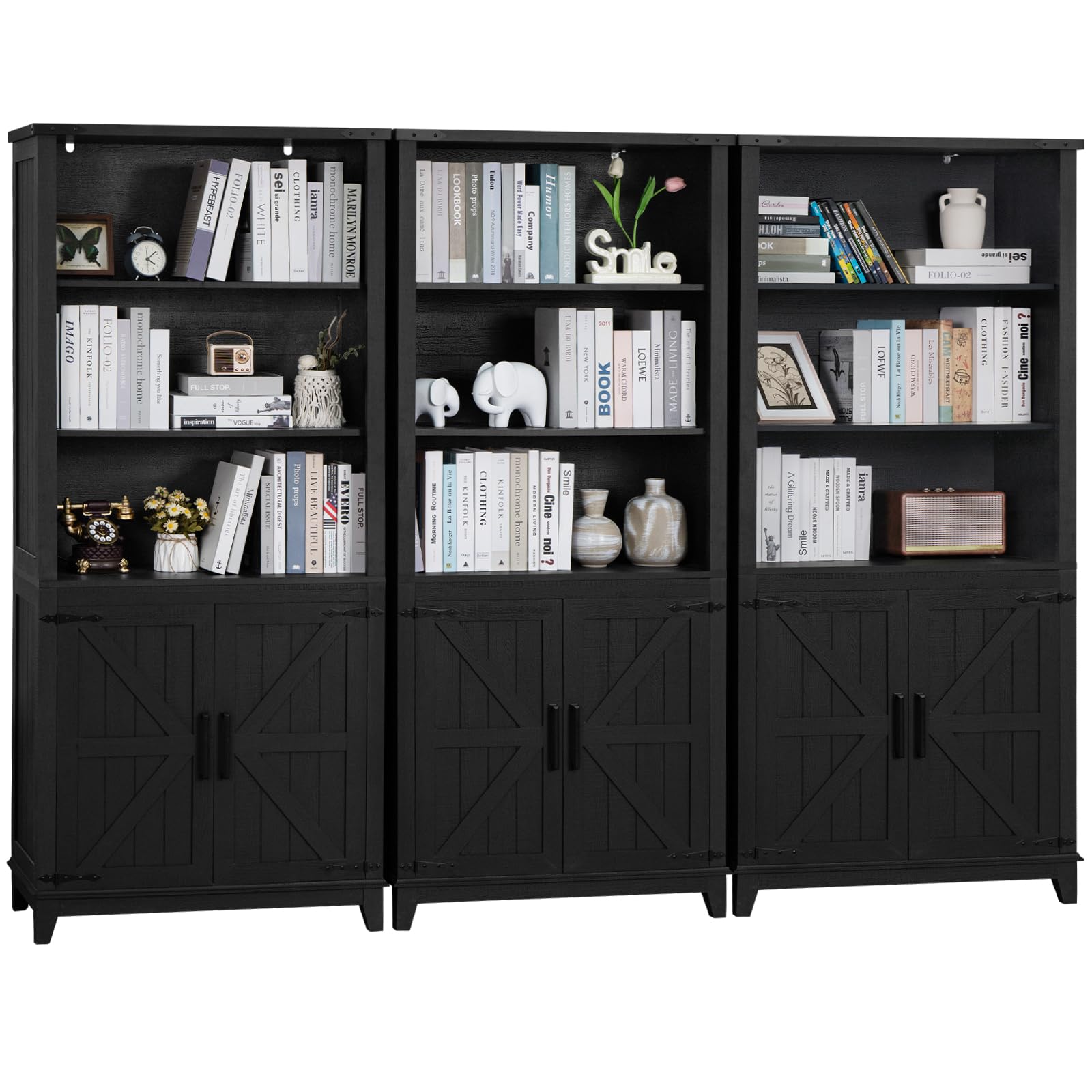 Joaxswe 70in Tall Bookshelf 5 Tier Bookcase with Barn Doors and Adjustable Shelves, Black Farmhouse Book Shelf with Storage Cabinet, Wood Freestanding Display Bookshelves for Bedroom, Living Room