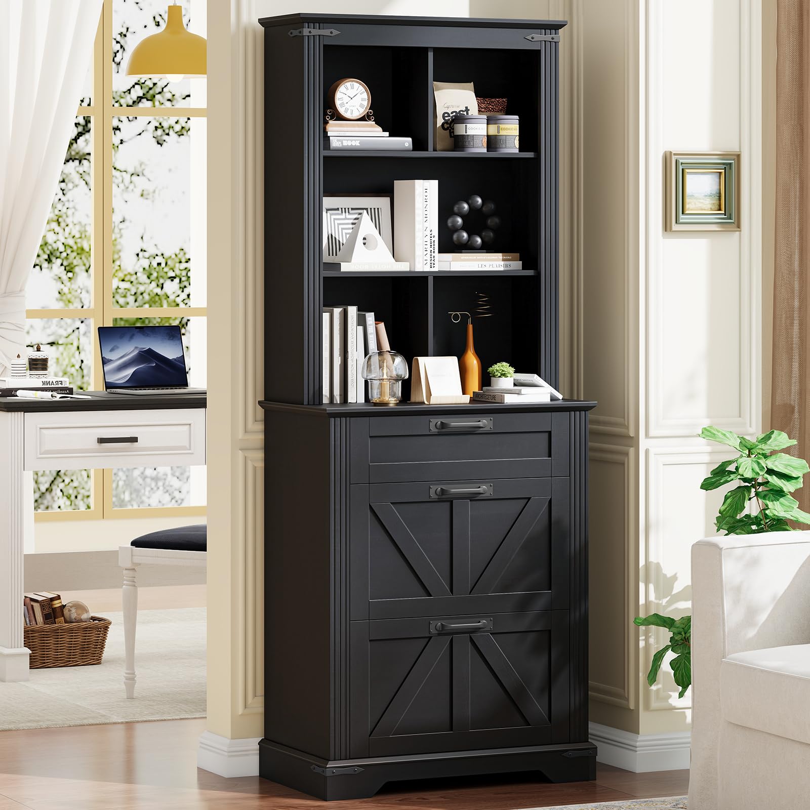 Fluted Bookcase with Doors and Drawer, Modern Farmhouse 70.47'' Tall Narrow Bookshelf with Storage, Wooden Floor Standing 6 Shelf Display Book Shelf Organizer for Home Office, Living Room, Oak