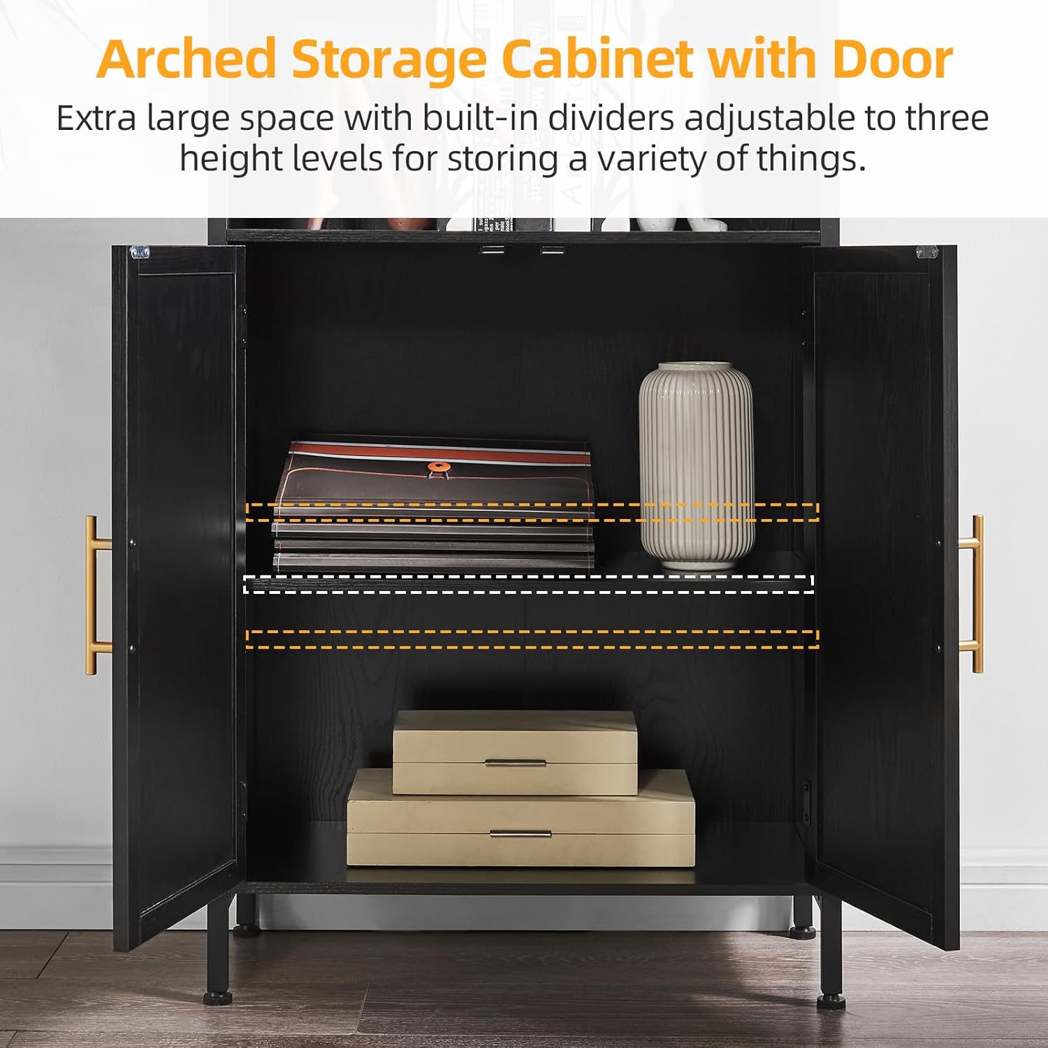 Arched Bookcase Book Shelf with Doors, 5 Tier Display Bookshelf Tall Cabinet with Storage, Industrial Floor Standing Bookshelves Open bookcases for Home Office, Living Room(Black)