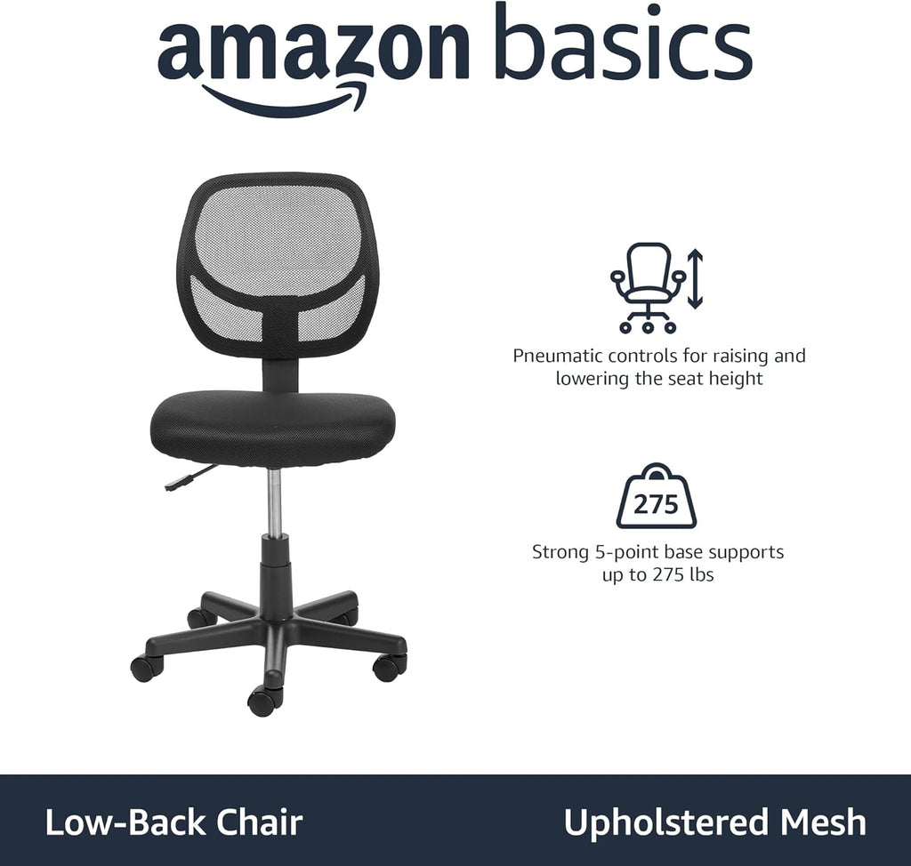 Amazon Basics Low Back Office Chair, Breathable Mesh, Height Adjustable, Padded Seat, Rolling Wheels, Swivel, Back Support, Sturdy, 21.25" D x 22.5" W x 38" H, Black