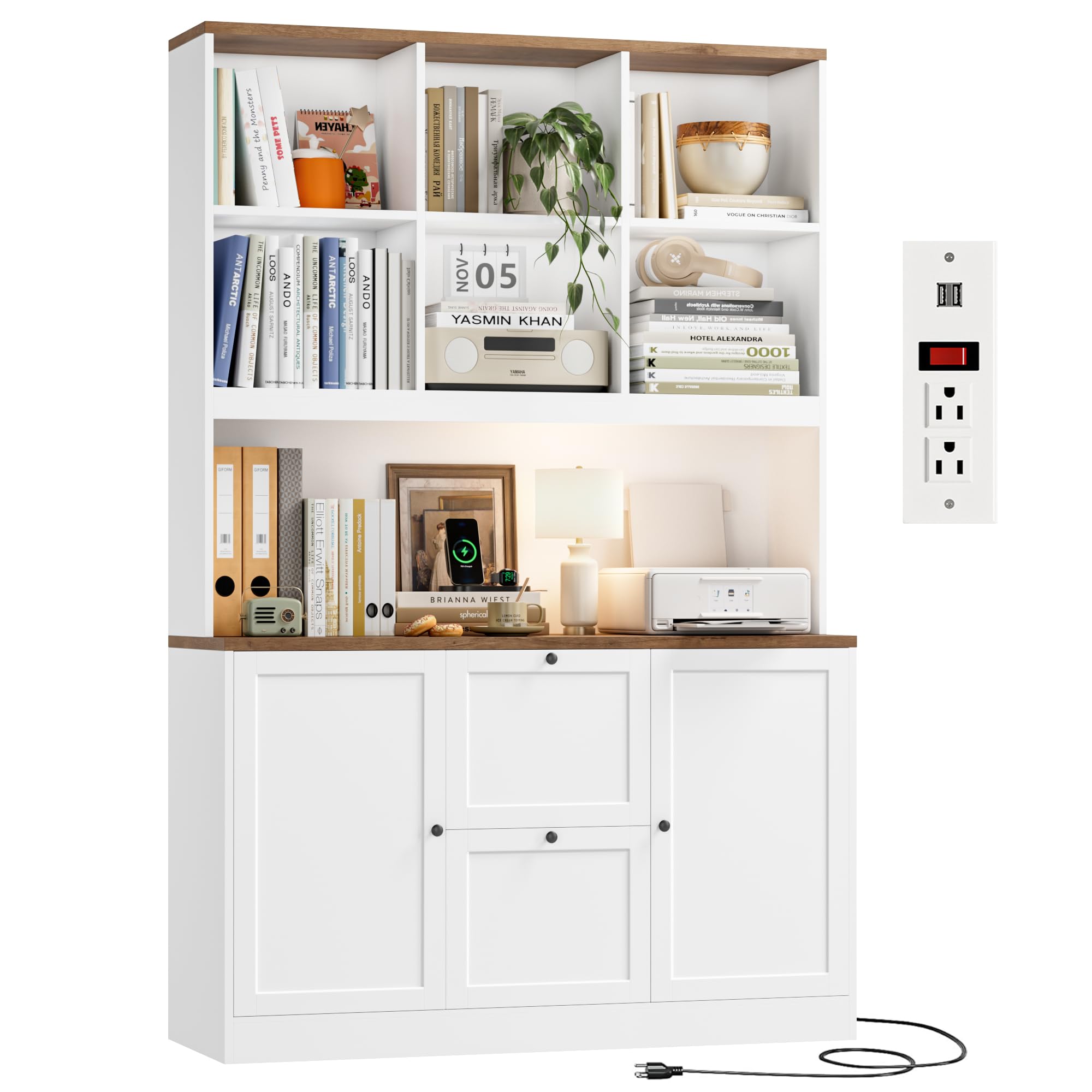 HIFIT 72'' Tall File Bookcase with Power Outlet & Printer Stand, 2 Drawer Filing Cabinets for Home Office Fit Hanging A4 File, Storage Cabinet w/ 3 Tier Open Book Shelf & Doors for Living Room, White