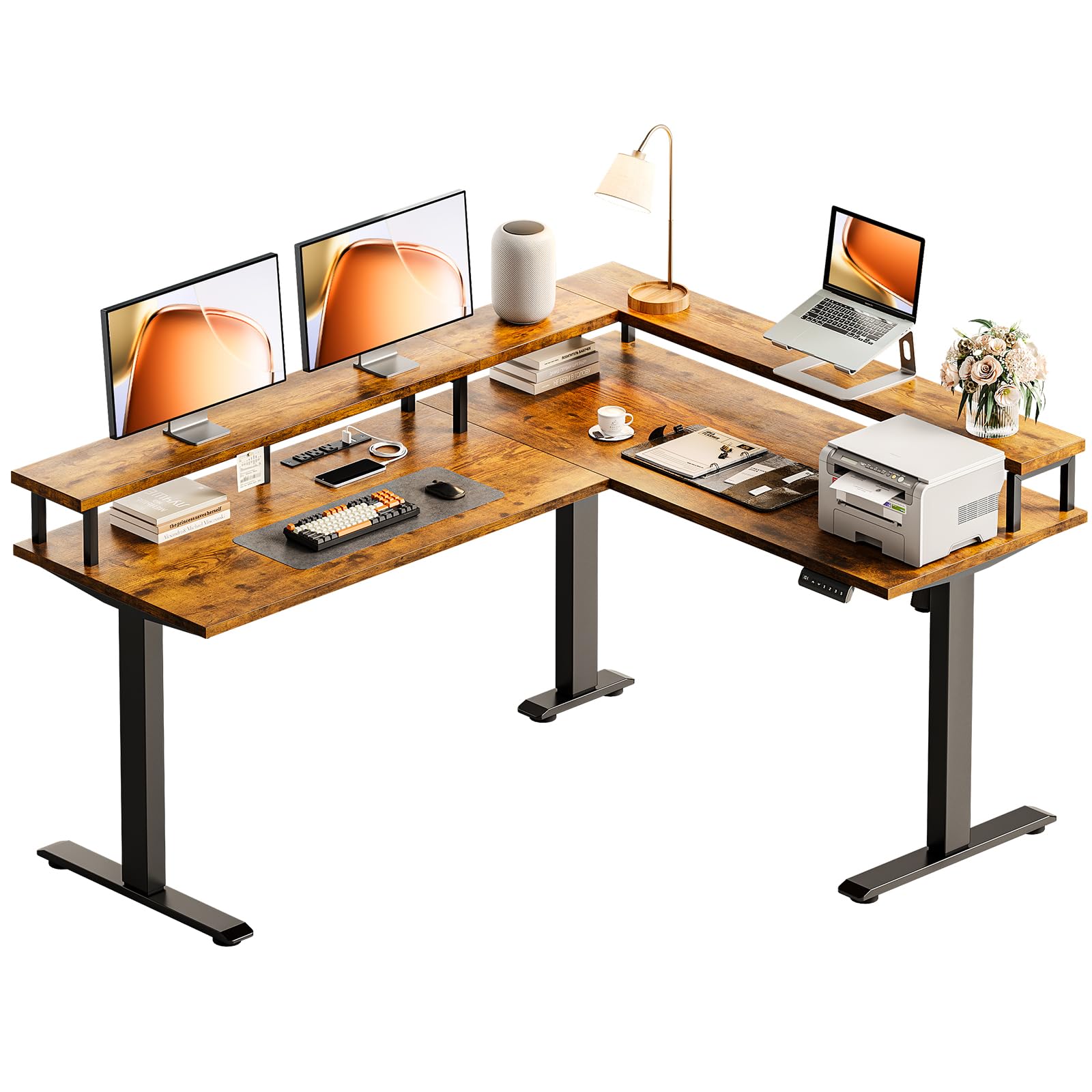 AODK Electric L Shaped Standing Desk, 59 Inch Height Adjustable Stand Up Desk with Power Outlets ＆ Full Monitor Stand, Reversible Corner Desk for Home Office ＆ Computer Workstation, Rustic Brown