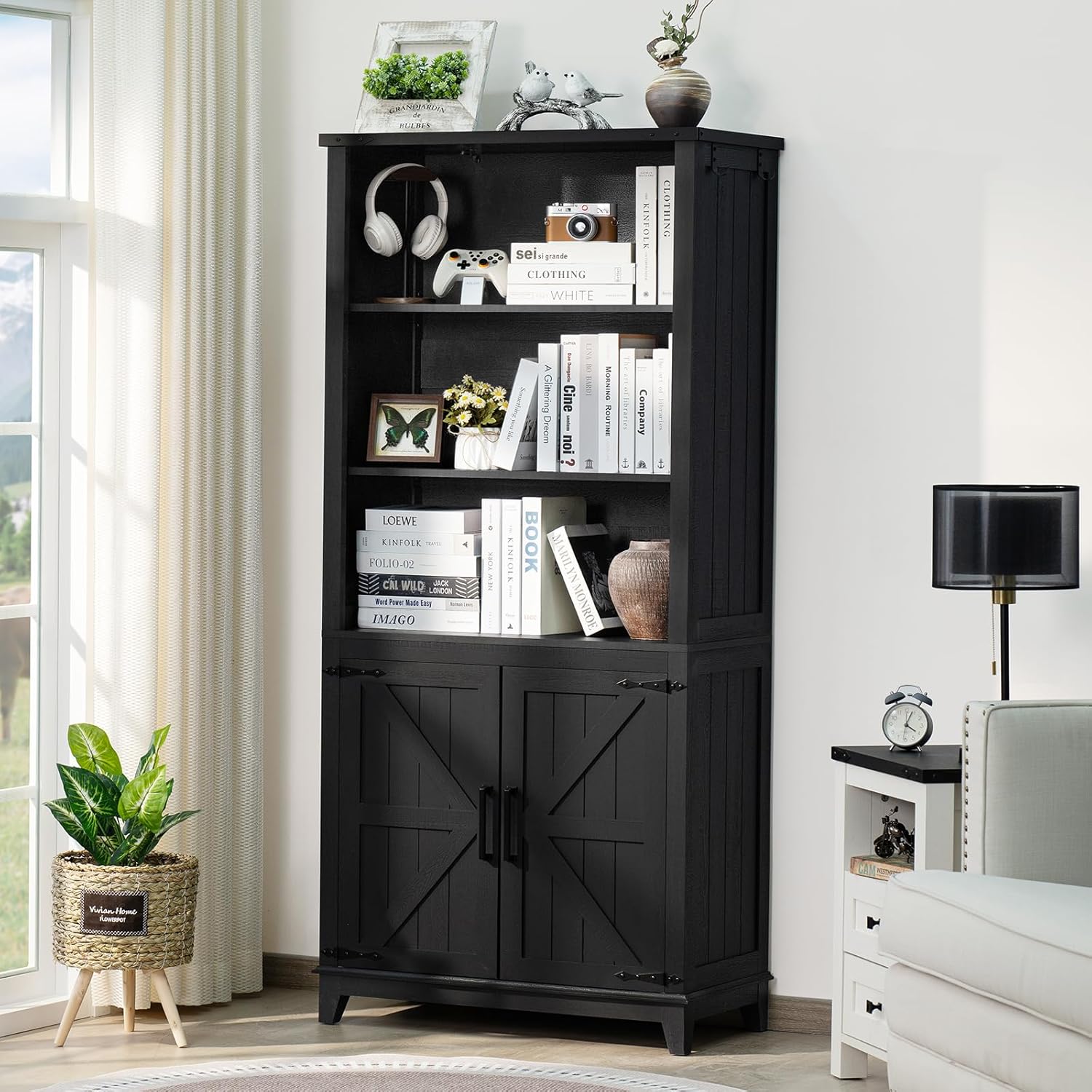 Joaxswe 70in Tall Bookshelf 5 Tier Bookcase with Barn Doors and Adjustable Shelves, Black Farmhouse Book Shelf with Storage Cabinet, Wood Freestanding Display Bookshelves for Bedroom, Living Room