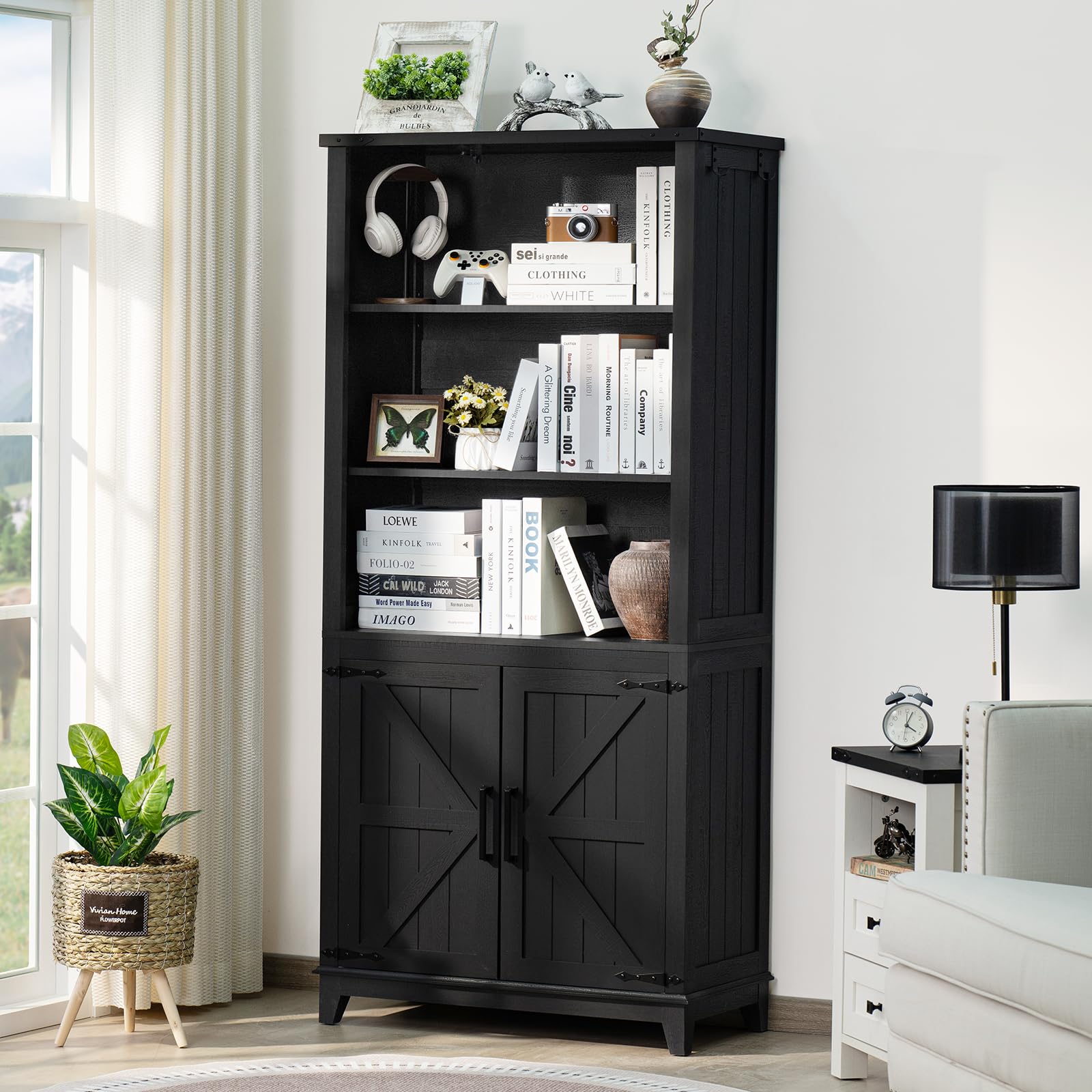Joaxswe 70in Tall Bookshelf 5 Tier Bookcase with Barn Doors and Adjustable Shelves, Black Farmhouse Book Shelf with Storage Cabinet, Wood Freestanding Display Bookshelves for Bedroom, Living Room