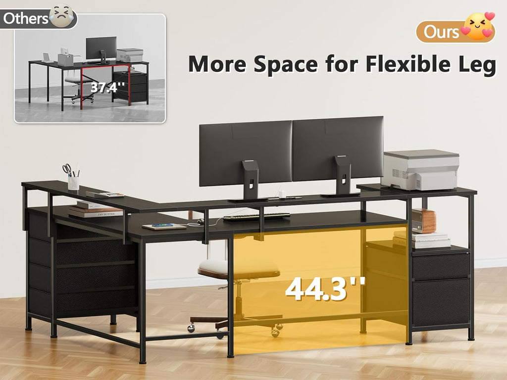 Furologee 66" Reversible L Shaped Gaming Desk with 6 Drawers & Printer Storage Shelves, Corner Computer Desk with Power Outlets & LED Lights, Home Office Table with Monitor Stand, Black