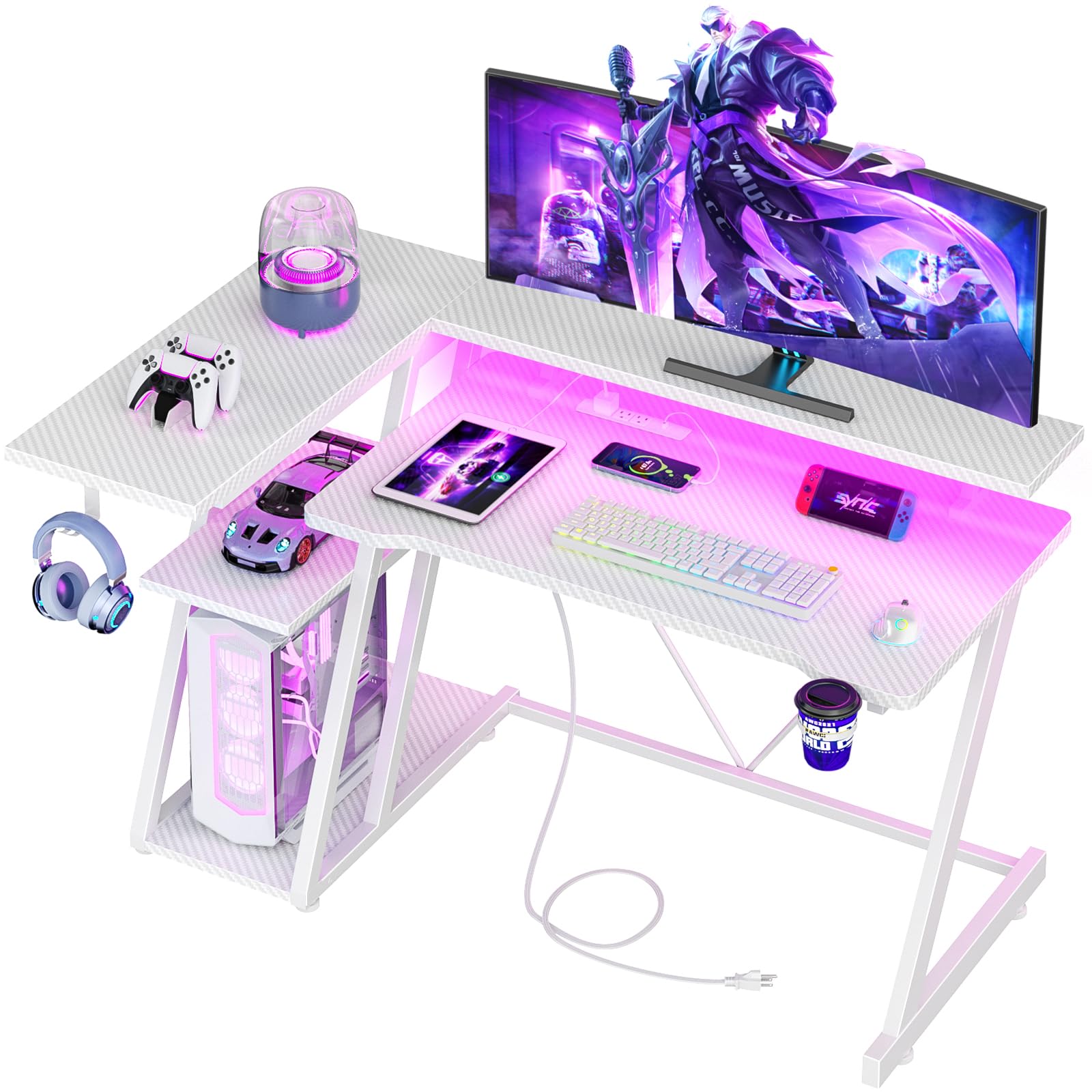 Korfile 40 Inch Gaming Desk with Power Outlet & LED Lights, L Shaped Computer Gaming Table with 3 Tiers Storage Shelves, Corner Gamer Desk with Monitor Stand for Small Space, Carbon Fiber Black