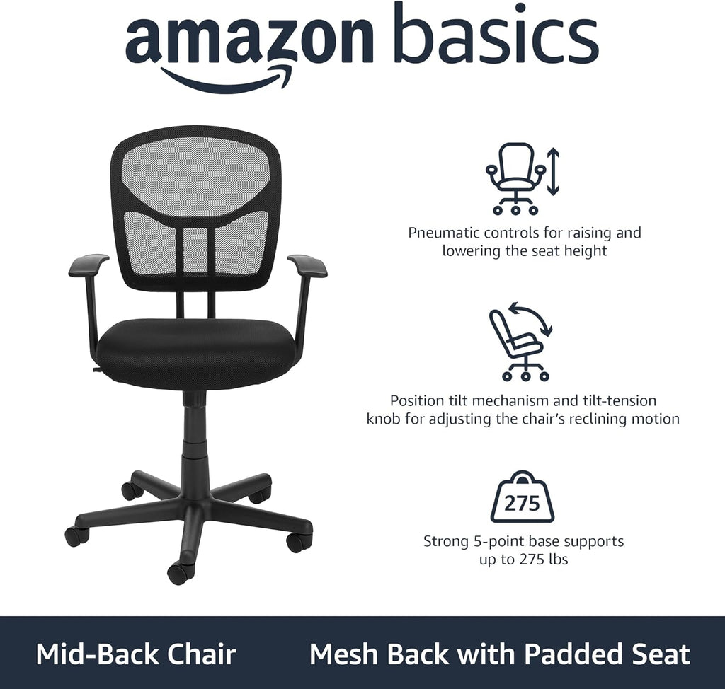 Amazon Basics Breathable Mesh Mid-Back Office Desk Chair with Armrests, Lumbar Support, 360-Degree Swivel, Adjustable-Height, Black