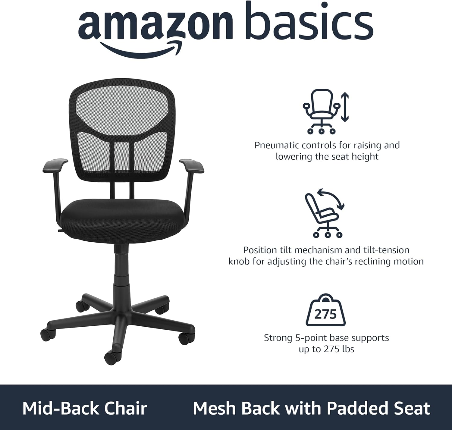 Amazon Basics Breathable Mesh Mid-Back Office Desk Chair with Armrests, Lumbar Support, 360-Degree Swivel, Adjustable-Height, Black