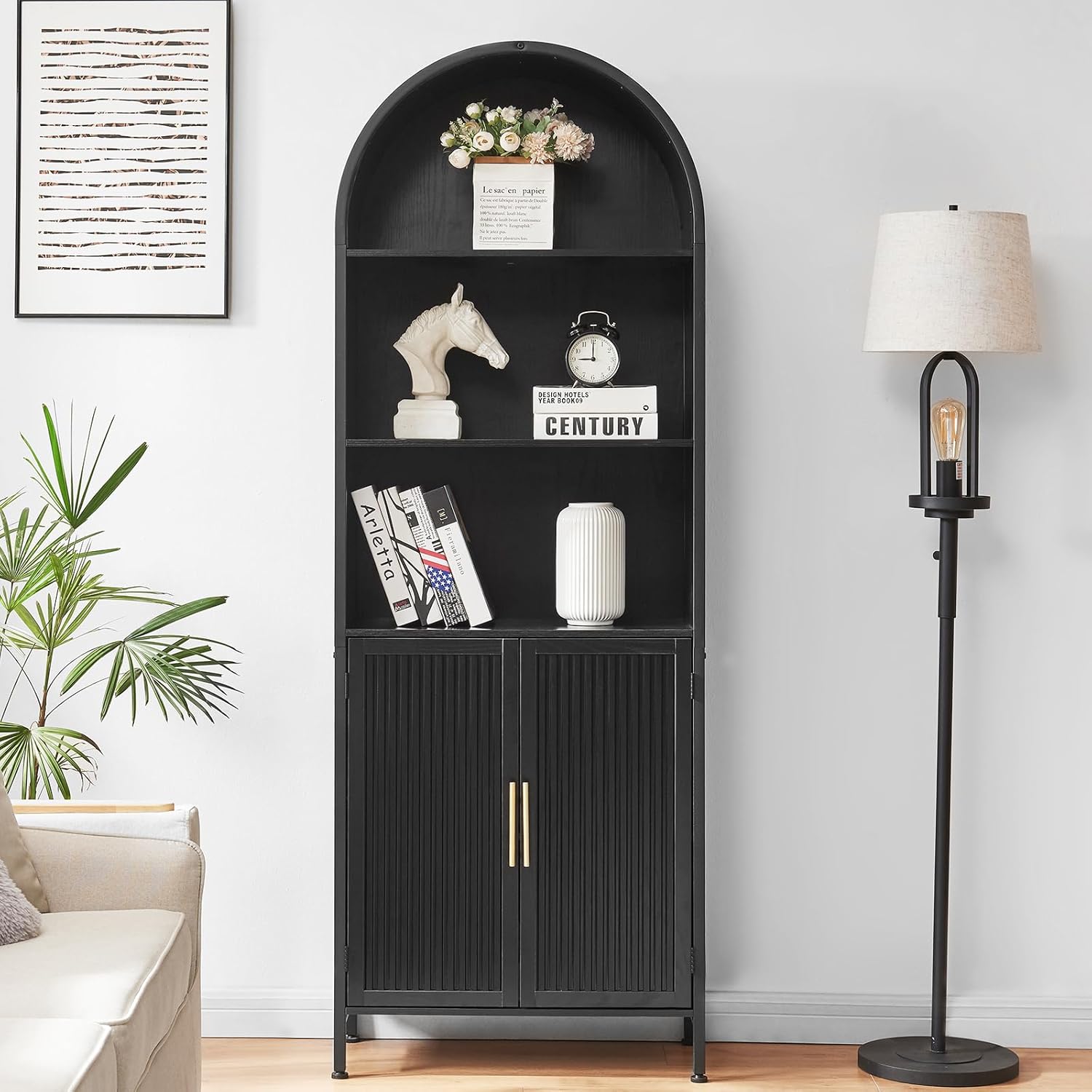 Arched Bookcase Book Shelf with Doors, 5 Tier Display Bookshelf Tall Cabinet with Storage, Industrial Floor Standing Bookshelves Open bookcases for Home Office, Living Room(Black)