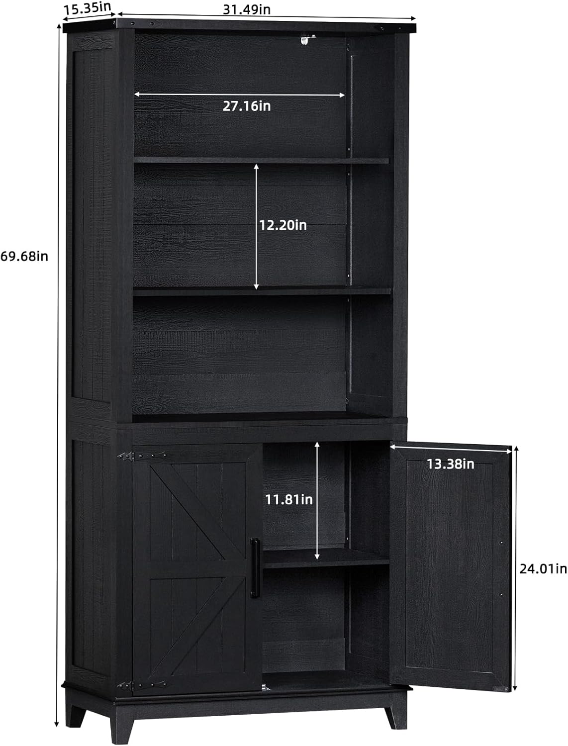 Joaxswe 70in Tall Bookshelf 5 Tier Bookcase with Barn Doors and Adjustable Shelves, Black Farmhouse Book Shelf with Storage Cabinet, Wood Freestanding Display Bookshelves for Bedroom, Living Room
