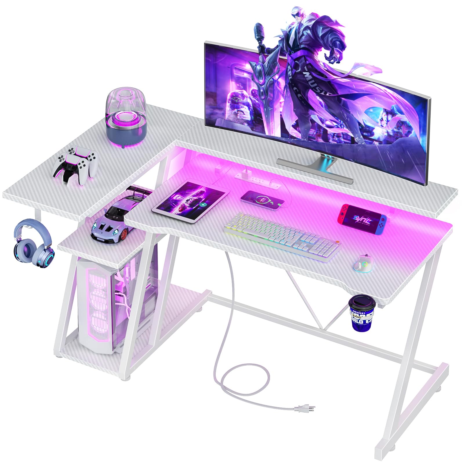 Korfile 40 Inch Gaming Desk with Power Outlet & LED Lights, L Shaped Computer Gaming Table with 3 Tiers Storage Shelves, Corner Gamer Desk with Monitor Stand for Small Space, Carbon Fiber Black