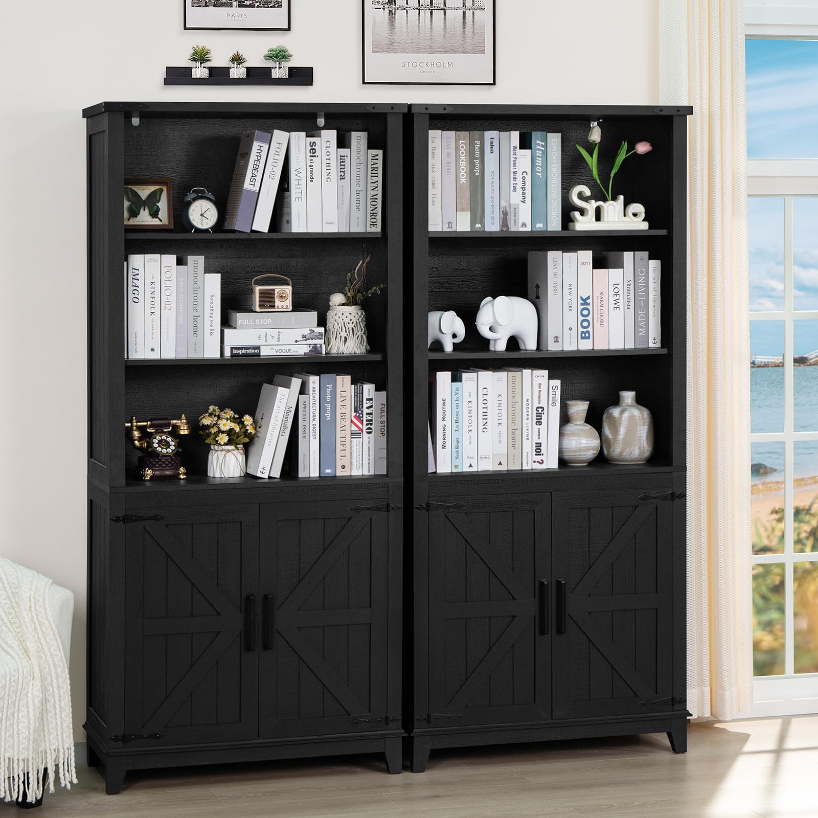 Joaxswe 70in Tall Bookshelf 5 Tier Bookcase with Barn Doors and Adjustable Shelves, Black Farmhouse Book Shelf with Storage Cabinet, Wood Freestanding Display Bookshelves for Bedroom, Living Room