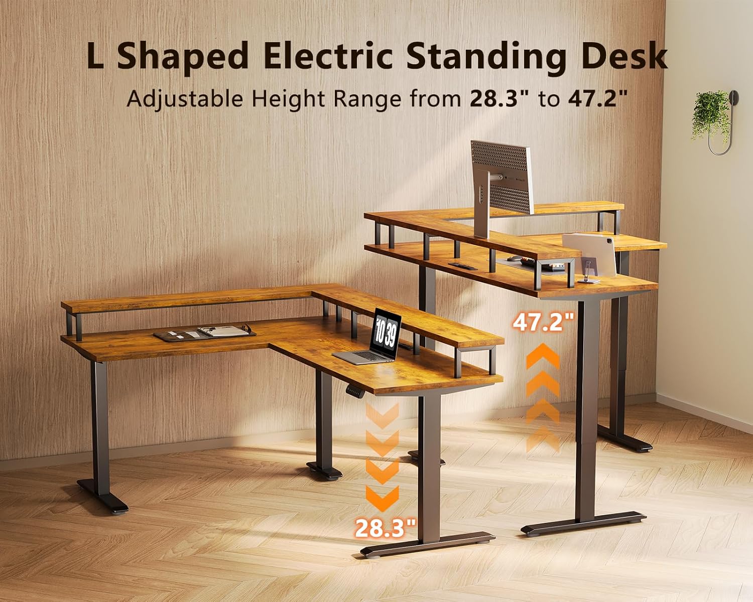 AODK Electric L Shaped Standing Desk, 59 Inch Height Adjustable Stand Up Desk with Power Outlets ＆ Full Monitor Stand, Reversible Corner Desk for Home Office ＆ Computer Workstation, Rustic Brown