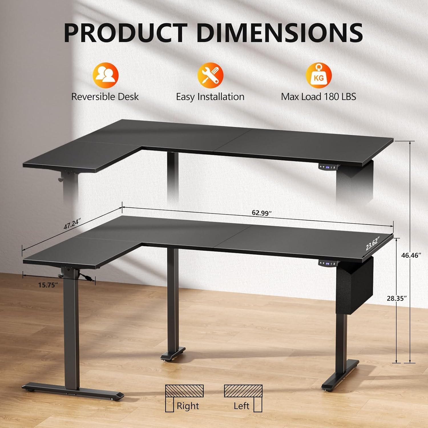 Korfile L Shaped Electric Standing Desk,63 Inch Adjustable Height Sit to Stand Corner Desk with Memory Presets, Reversible Computer Table for Home Office, Work and Study, Black