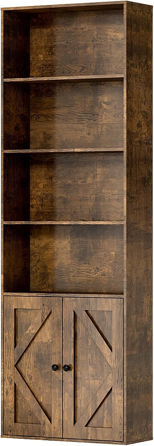 Bookshelf, 6-Tier Floor Bookcase with 2 Bottom Doors, 9.29"x23.62"x70.86", Storage Cabinet Bookshelves for Home Office, Living Room, Bedroom-Brown