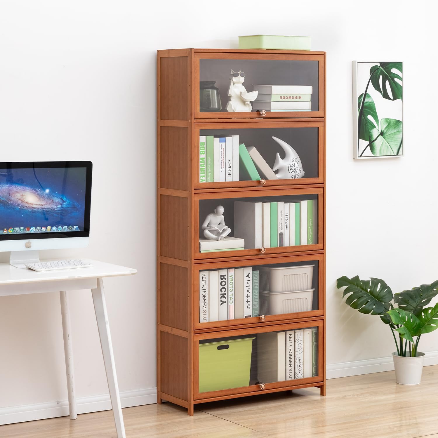 Magshion Bamboo Display Cabinet, 5-Tier Curio Cabinet with Clear Acrylic Flip-Up Doors, 67.5" High Brown Kitchen Cabinet Storage Cabinet Showcase Storage Cabinet Organizer for Living Room - 31" Length