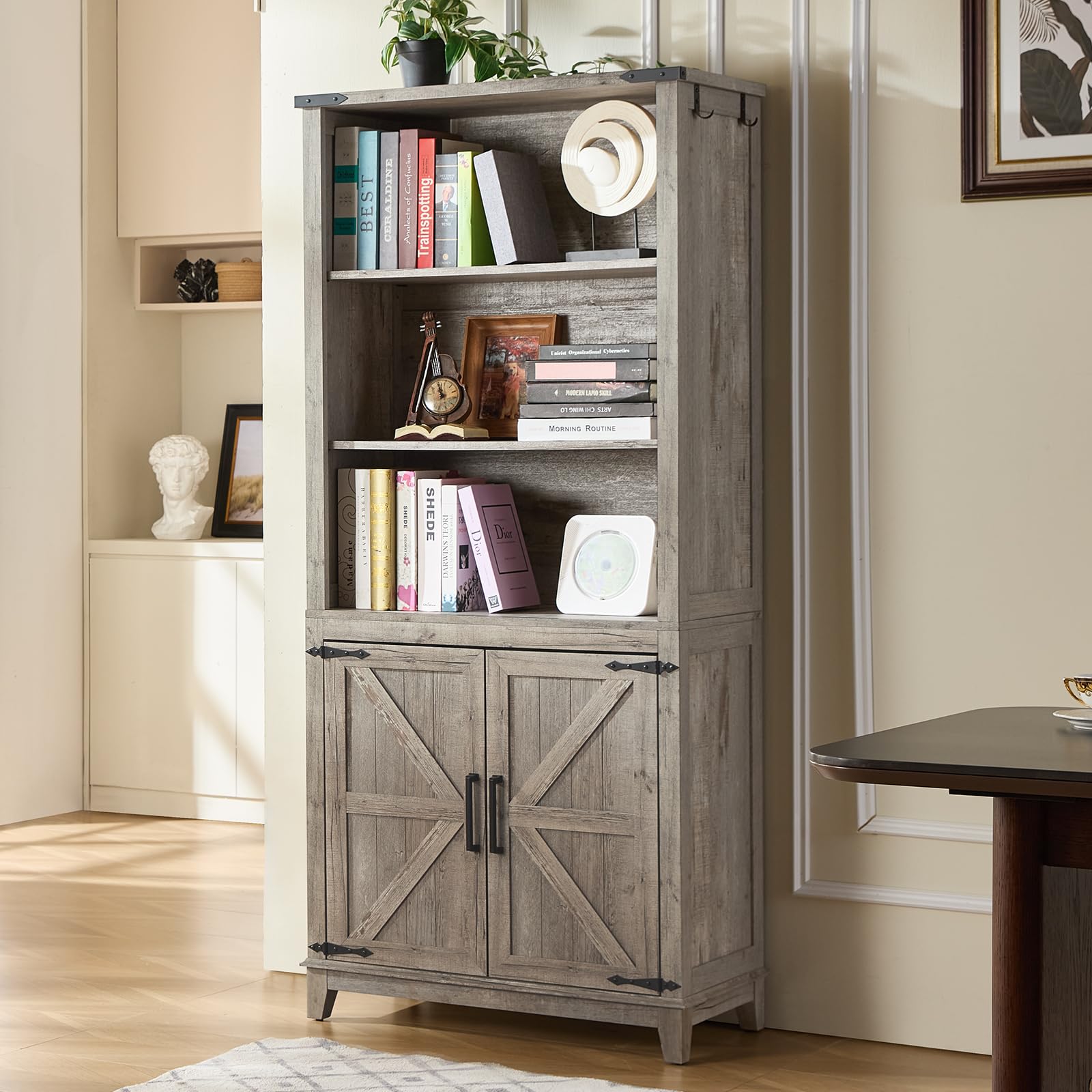 Joaxswe 70in Tall Bookshelf 5 Tier Bookcase with Barn Doors and Adjustable Shelves, Black Farmhouse Book Shelf with Storage Cabinet, Wood Freestanding Display Bookshelves for Bedroom, Living Room