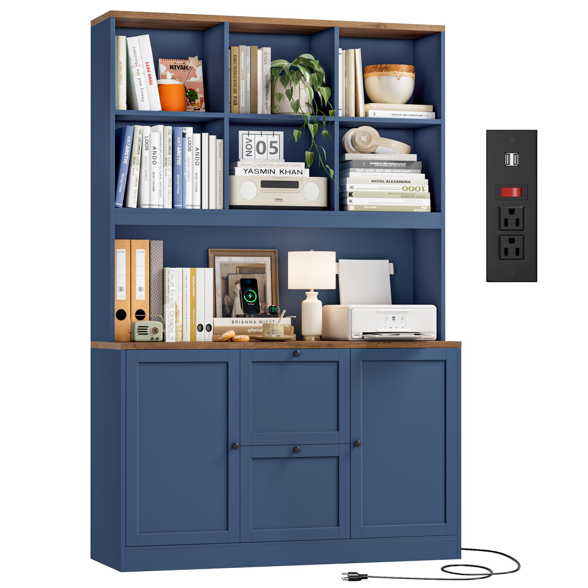 HIFIT 72'' Tall File Bookcase with Power Outlet & Printer Stand, 2 Drawer Filing Cabinets for Home Office Fit Hanging A4 File, Storage Cabinet w/ 3 Tier Open Book Shelf & Doors for Living Room, White