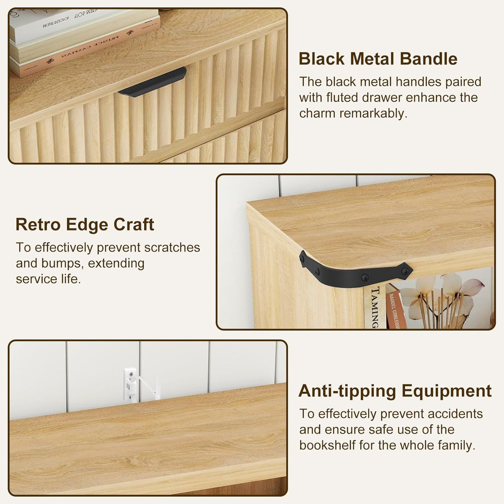 Fluted Bookcase with Doors and Drawer, Modern Farmhouse 70.47'' Tall Narrow Bookshelf with Storage, Wooden Floor Standing 6 Shelf Display Book Shelf Organizer for Home Office, Living Room, Oak