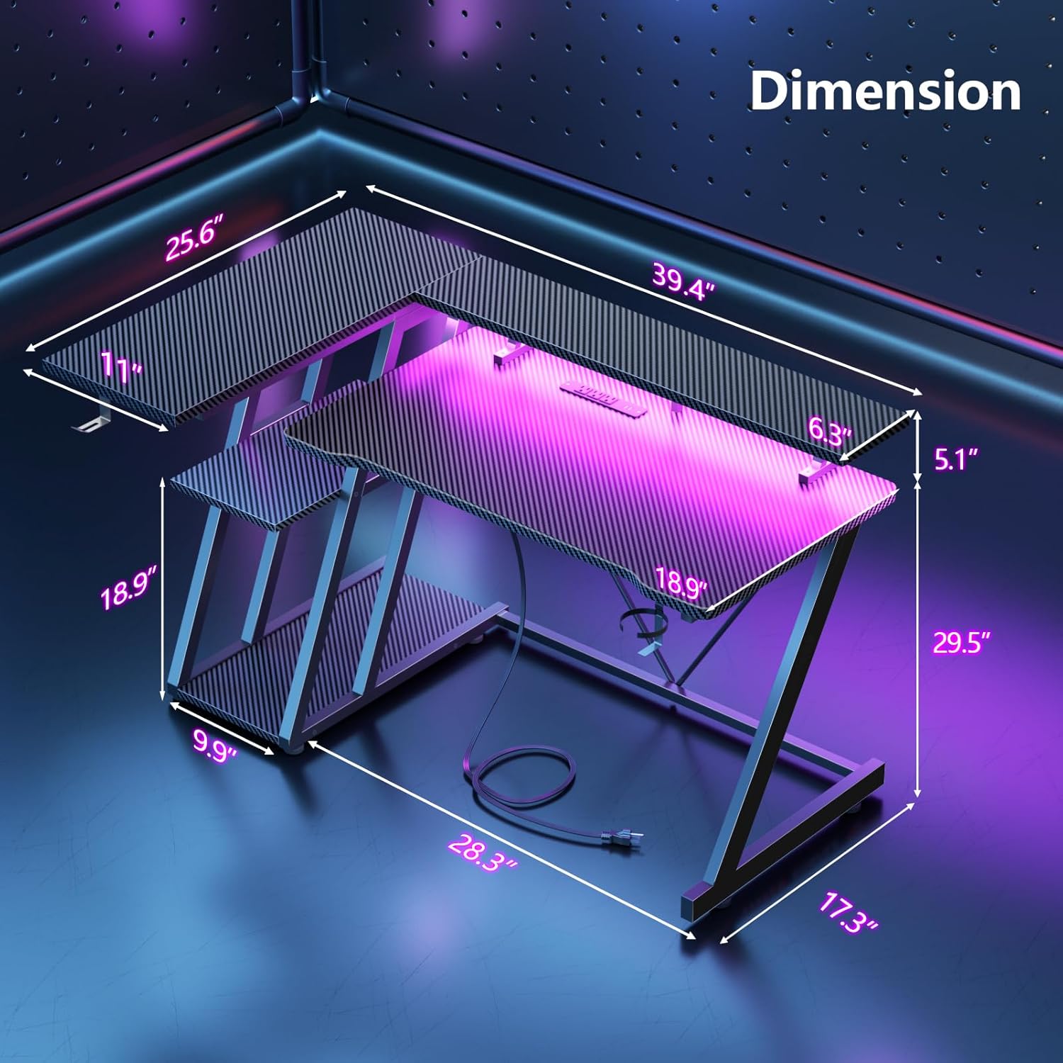 Korfile 40 Inch Gaming Desk with Power Outlet & LED Lights, L Shaped Computer Gaming Table with 3 Tiers Storage Shelves, Corner Gamer Desk with Monitor Stand for Small Space, Carbon Fiber Black