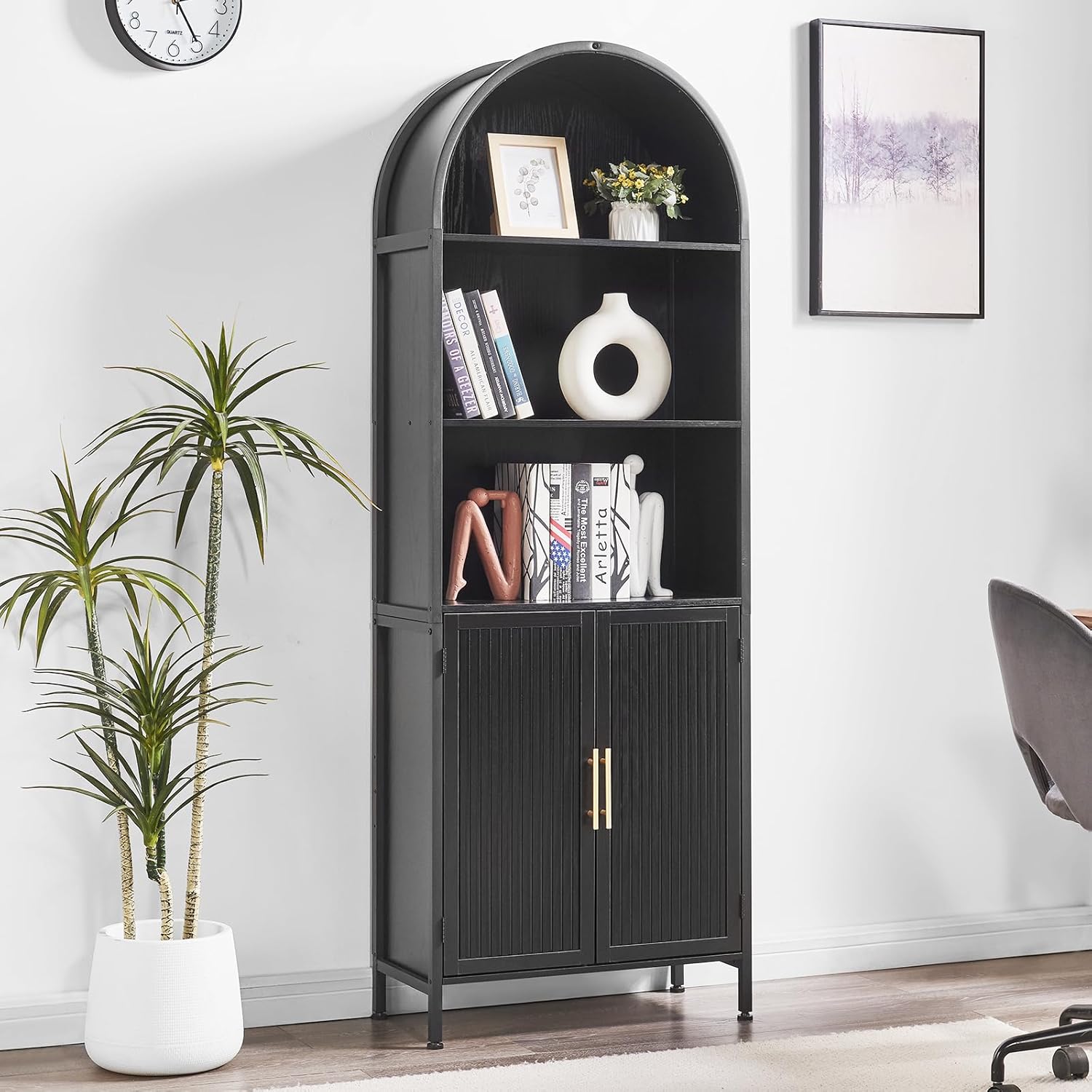 Arched Bookcase Book Shelf with Doors, 5 Tier Display Bookshelf Tall Cabinet with Storage, Industrial Floor Standing Bookshelves Open bookcases for Home Office, Living Room(Black)