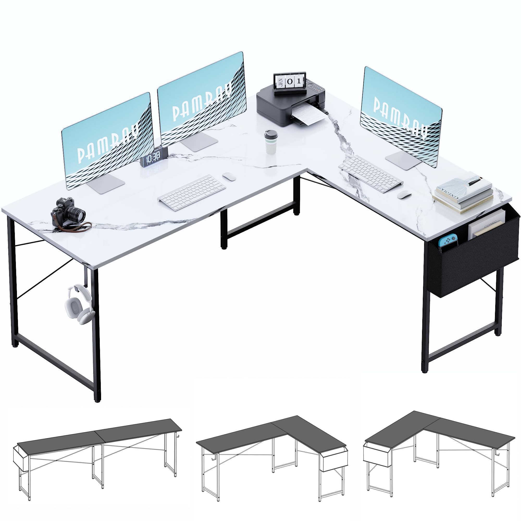 Pamray 64.5 Inch Reversible L Shaped Gaming Desk Large Corner Computer Desk with Storage Bag Home Office Table for Writing Study White