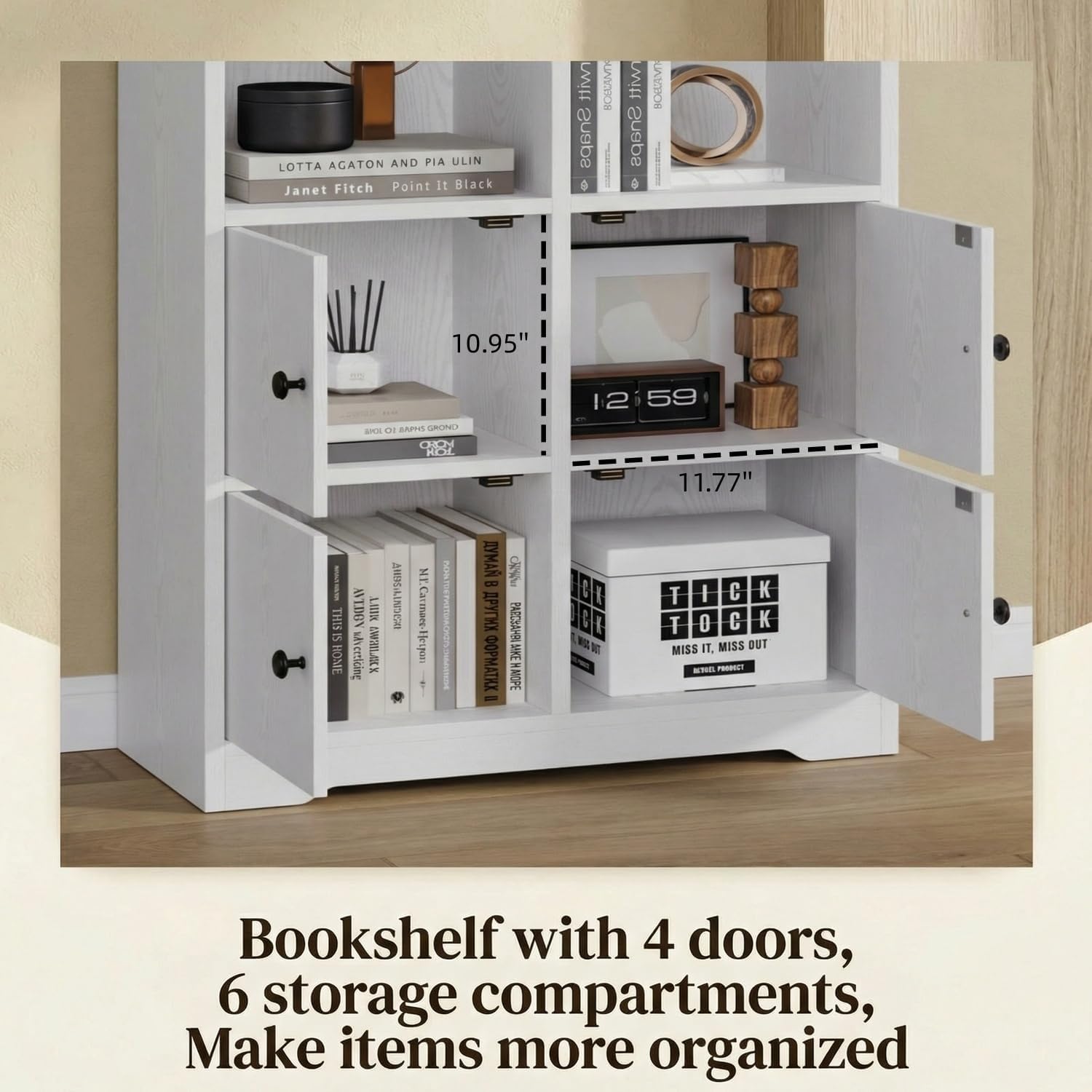 IRONCK Bookshelf and Bookcase with Doors, Floor Standing 6 Tiers Display Storage Shelves, Wooden Storage Cabinet for Bedroom, Living Room, Office, White