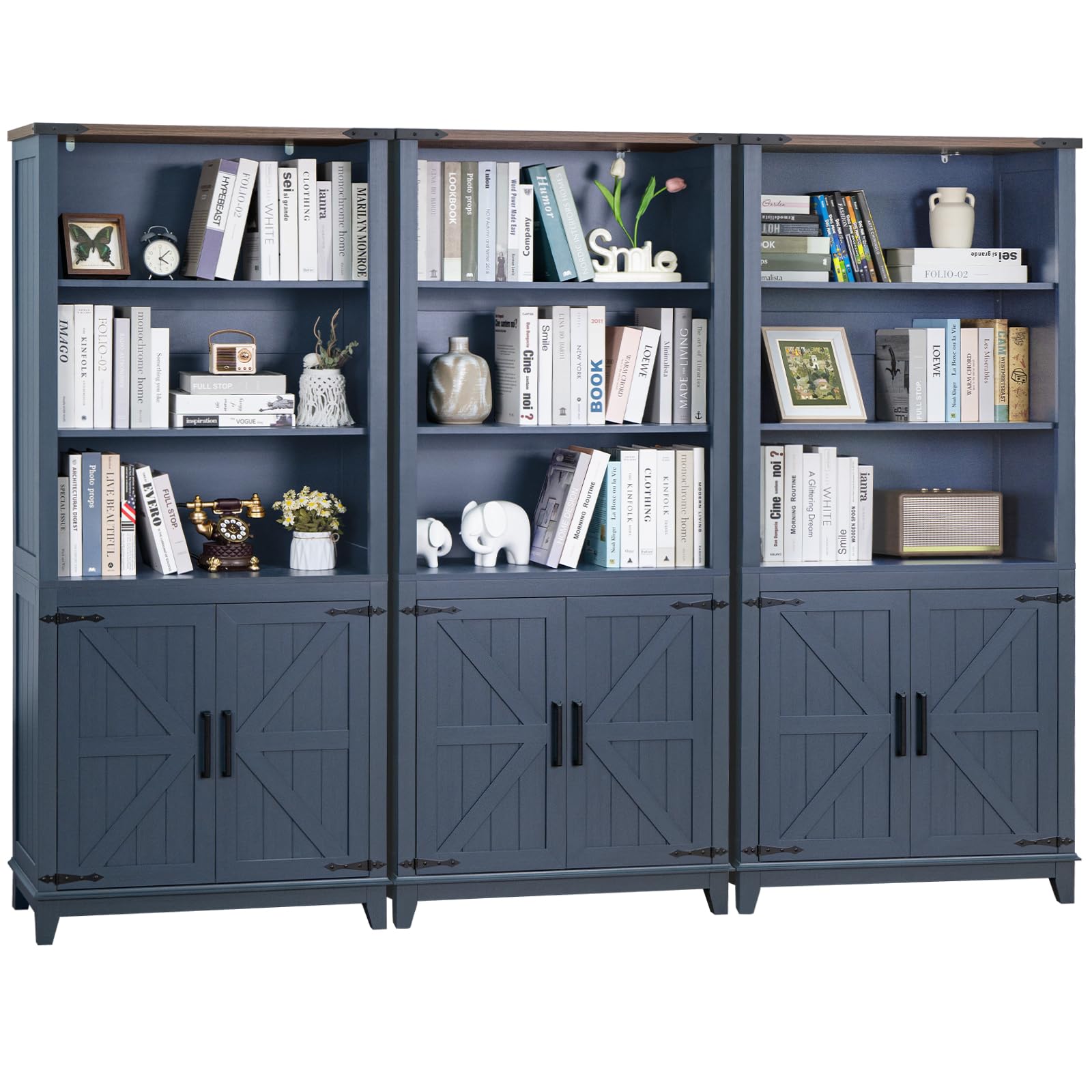 Joaxswe 70in Tall Bookshelf 5 Tier Bookcase with Barn Doors and Adjustable Shelves, Black Farmhouse Book Shelf with Storage Cabinet, Wood Freestanding Display Bookshelves for Bedroom, Living Room