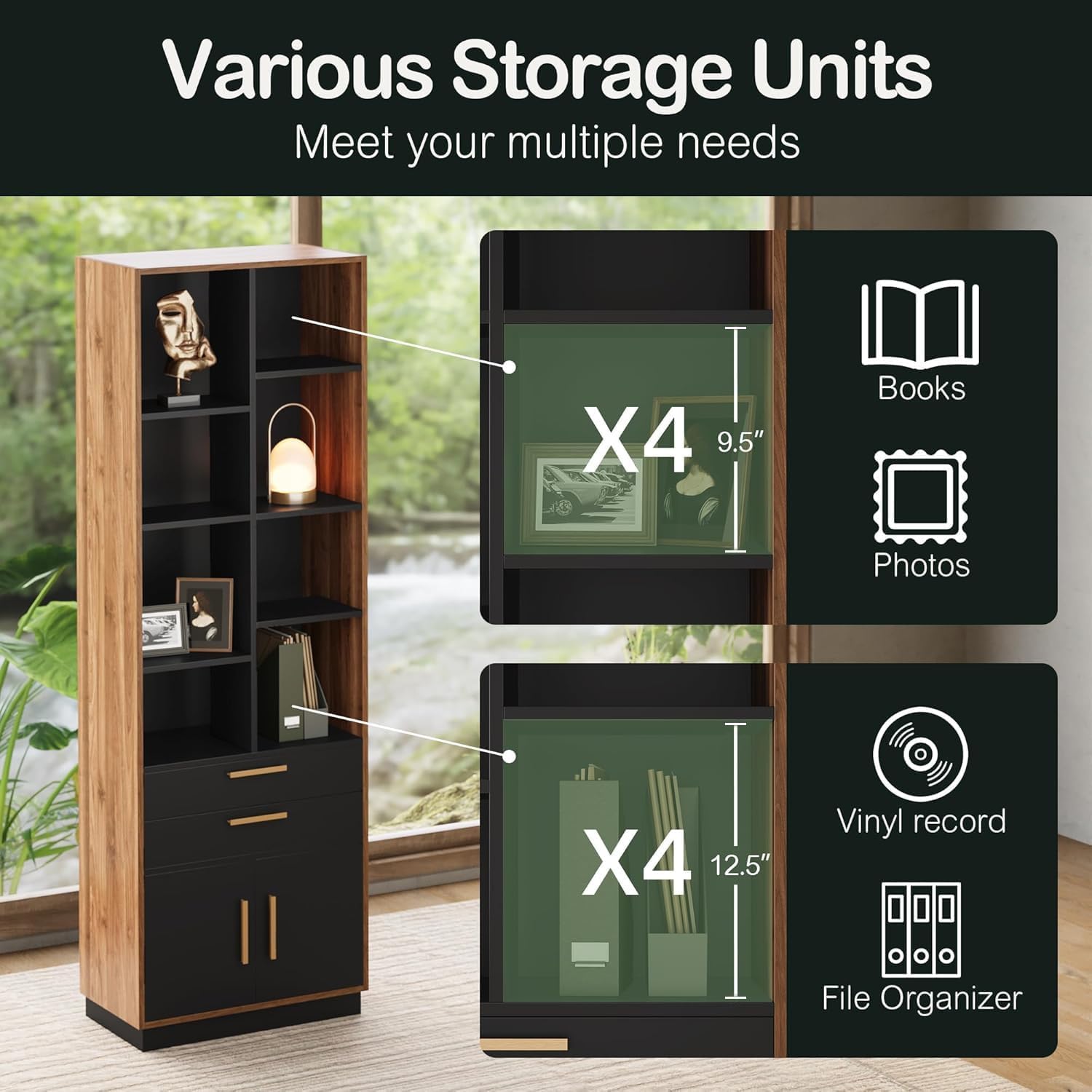 ModernMate Wood Bookcase with 2 Drawers and Doors, 8 Storage Cubes, 73.3" Tall Bookshelf, Modern Bookcases, Wooden Bookshelves for Home and Office, Living Room, Study, Black Walnut