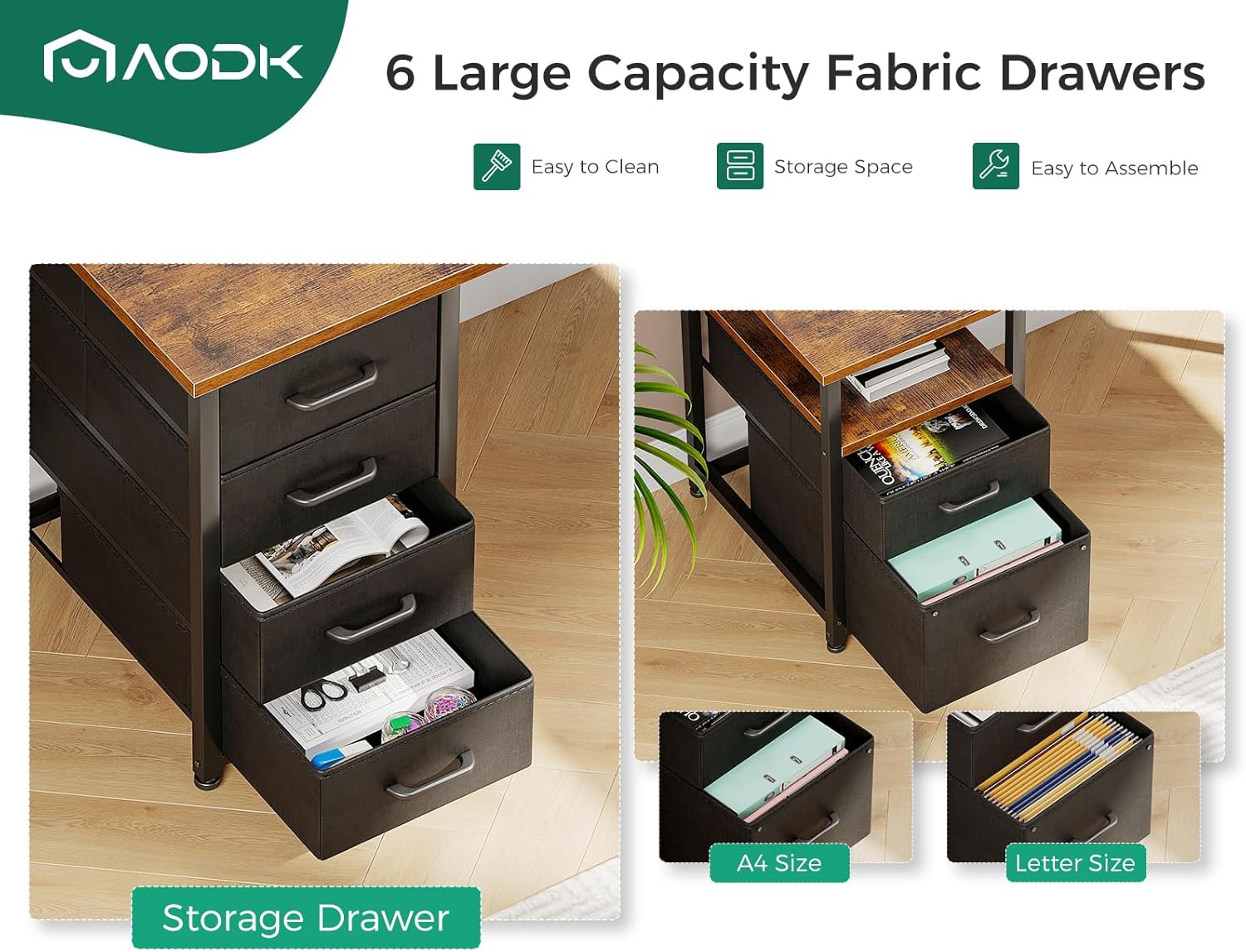 AODK 66" L Shaped Computer Desk, 113“ Reversible Home Office Desk with File Cabinet & 4 Fabric Drawers, Two Person Desk with LED Lights & Power Outlet, Corner Gaming Desk with Monitor Shelf, Vintage