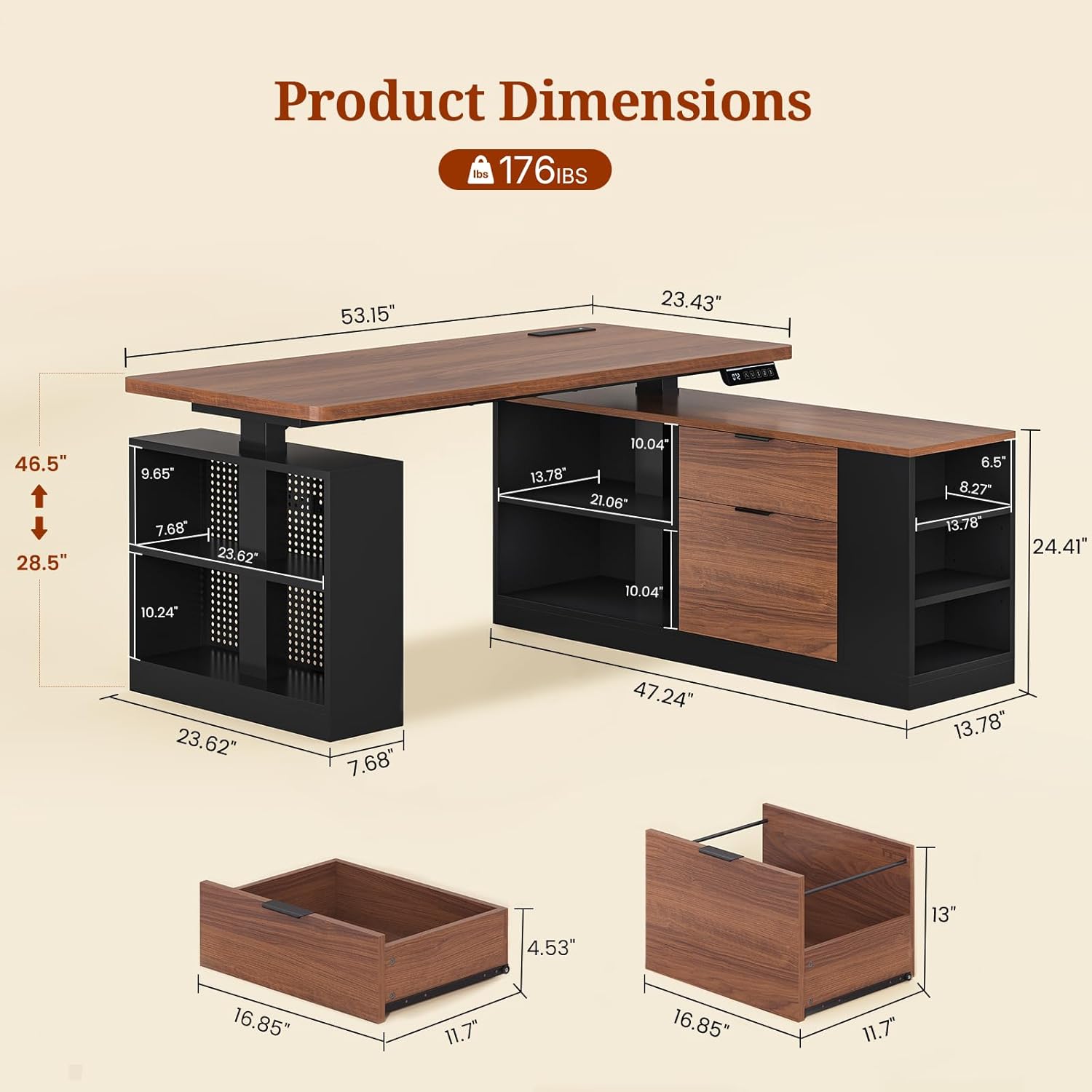 UPOSOJA L Shaped Standing Desk Adjustable Height, 53" Electric Office Desk with File Drawers & Storage Shelves, Sit Stand Corner Computer Desk with Power Outlets, Pegboard, 6 Hooks, Black & Walnut