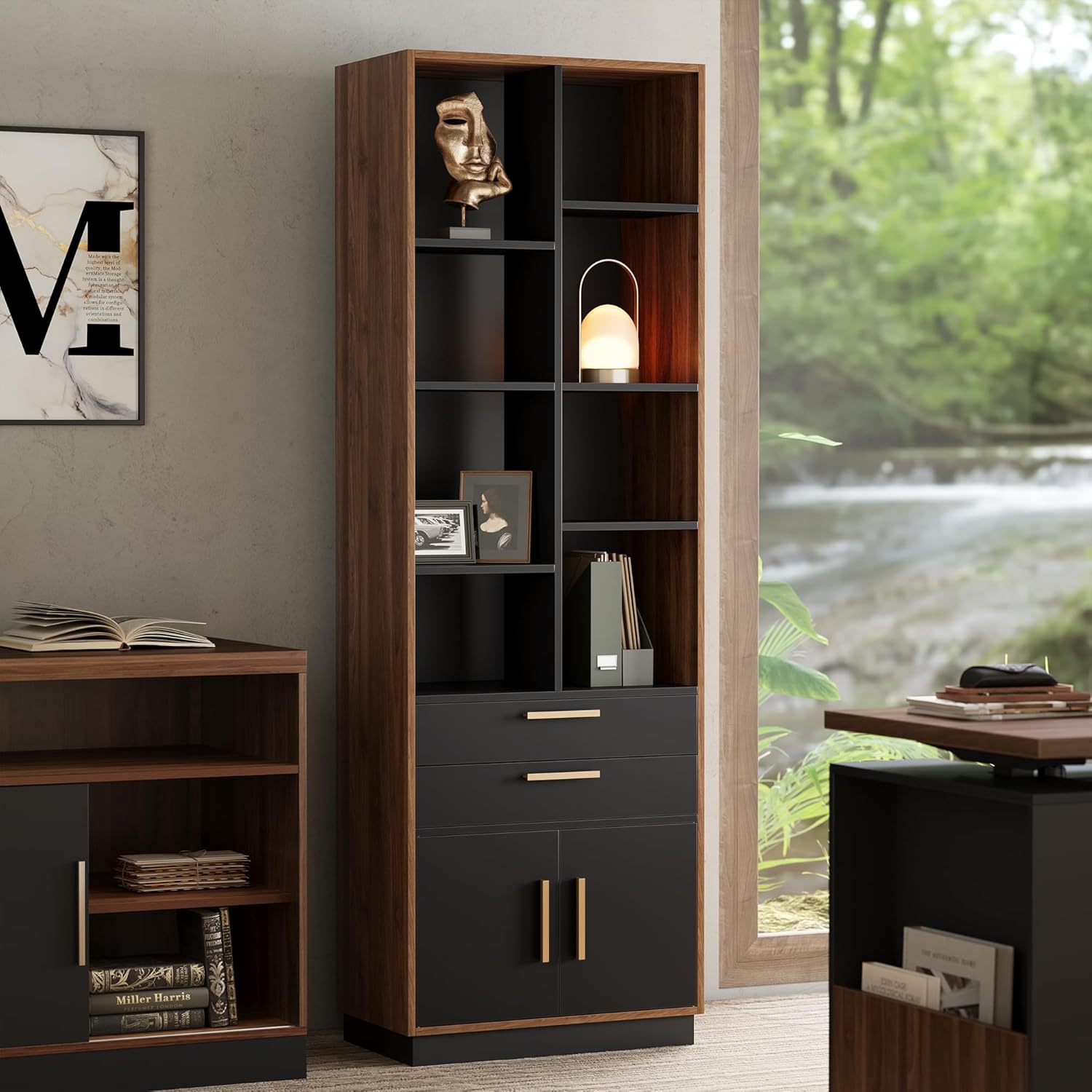 ModernMate Wood Bookcase with 2 Drawers and Doors, 8 Storage Cubes, 73.3" Tall Bookshelf, Modern Bookcases, Wooden Bookshelves for Home and Office, Living Room, Study, Black Walnut