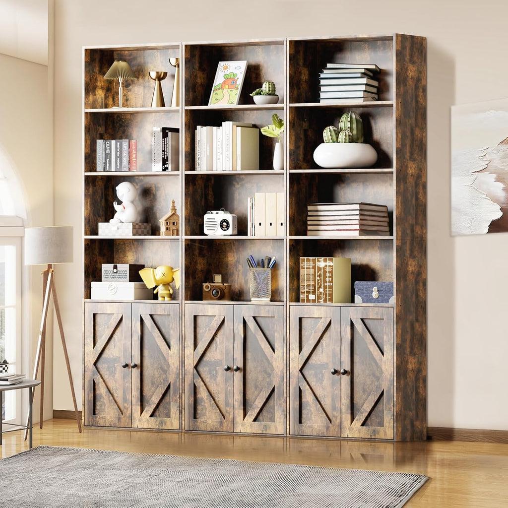 Bookshelf, 6-Tier Floor Bookcase with 2 Bottom Doors, 9.29"x23.62"x70.86", Storage Cabinet Bookshelves for Home Office, Living Room, Bedroom-Brown