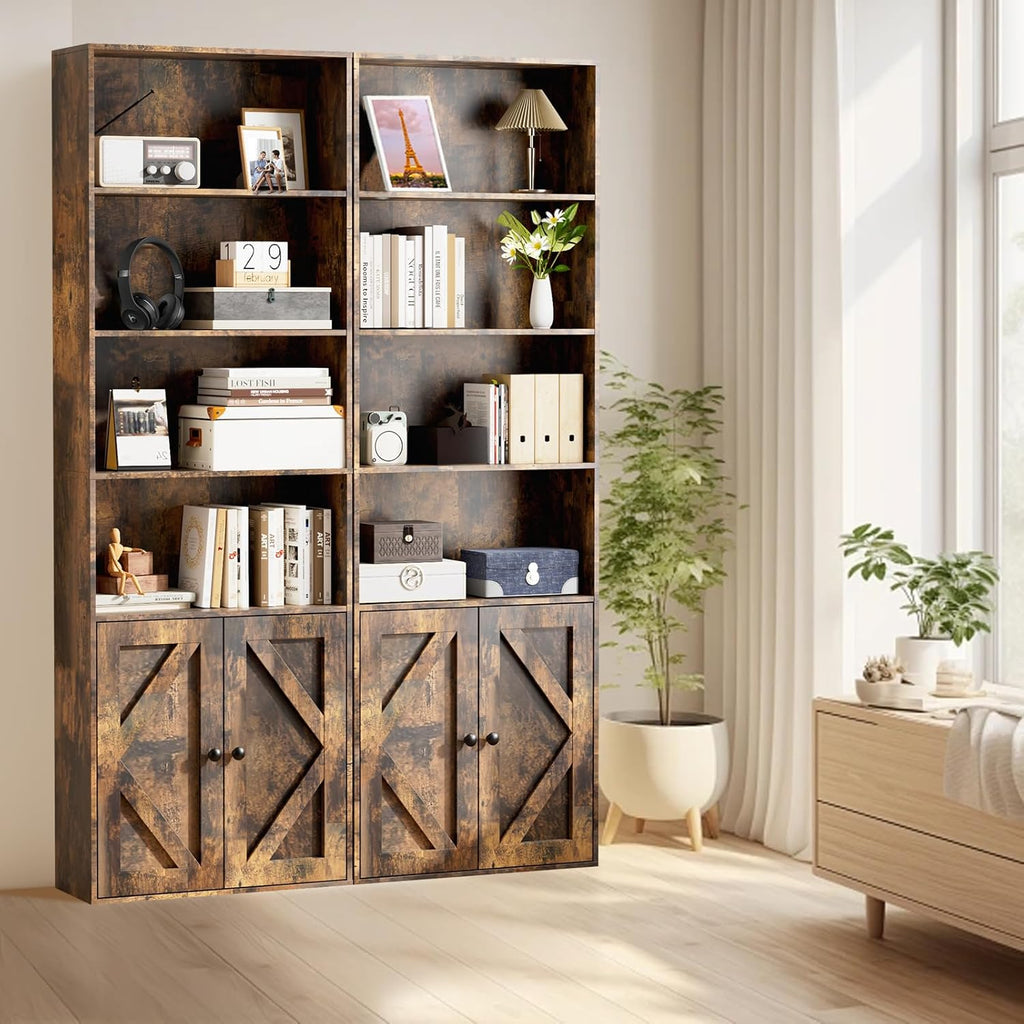 Bookshelf, 6-Tier Floor Bookcase with 2 Bottom Doors, 9.29"x23.62"x70.86", Storage Cabinet Bookshelves for Home Office, Living Room, Bedroom-Brown
