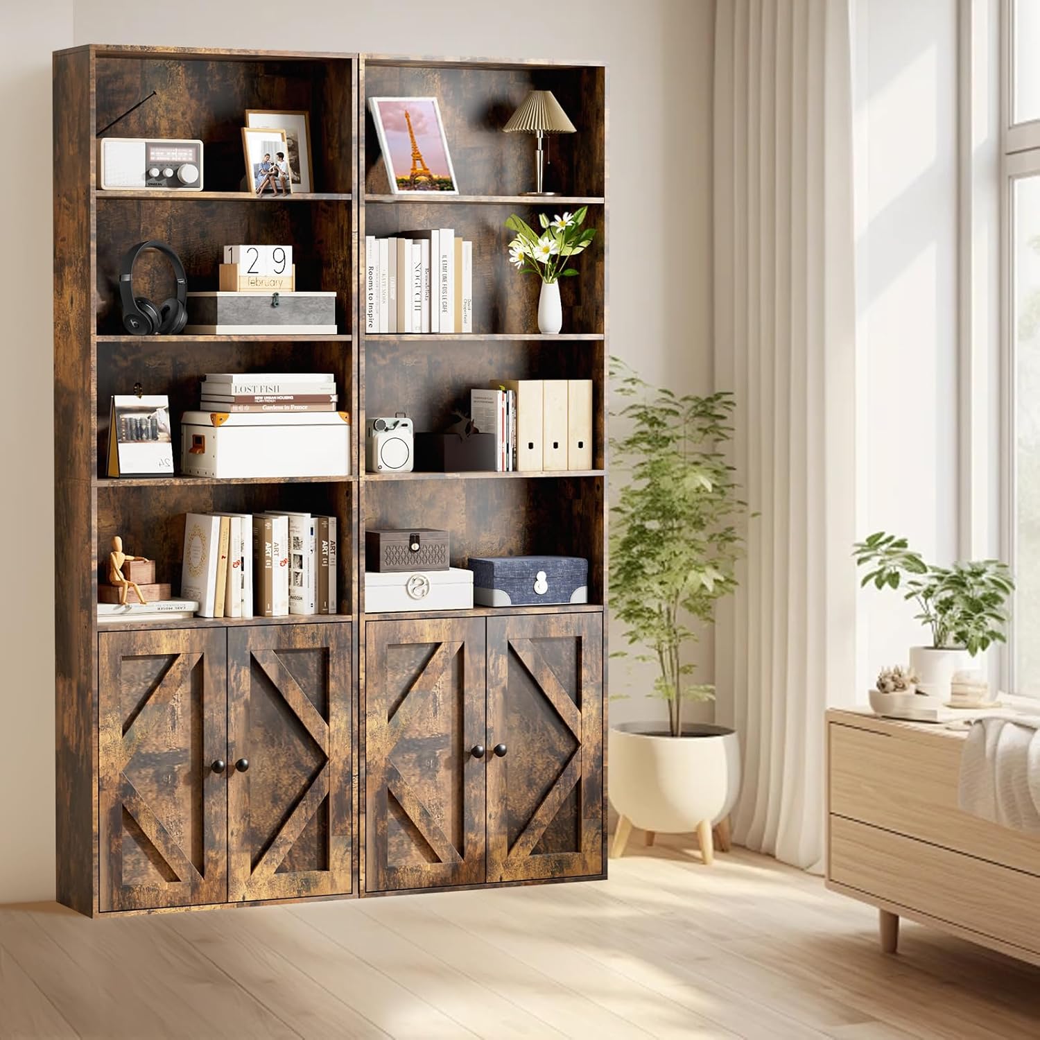 Bookshelf, 6-Tier Floor Bookcase with 2 Bottom Doors, 9.29"x23.62"x70.86", Storage Cabinet Bookshelves for Home Office, Living Room, Bedroom-Brown