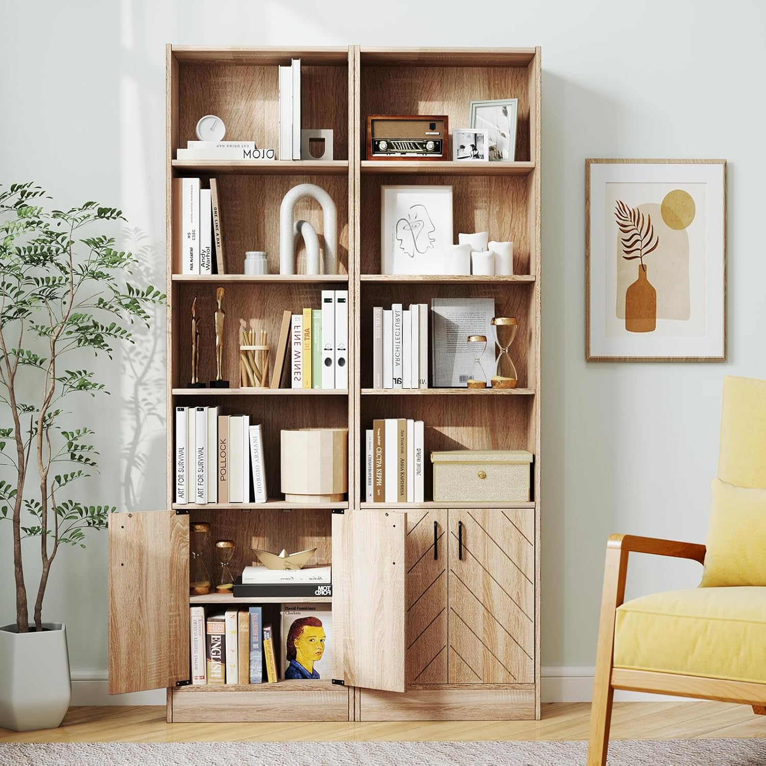 Giantex 6-Tier Bookshelf with Double Doors, 71" Tall Bookcase with 4 Open Cubes & 3 Adjustable Shelves, Mid Century Display Cabinet, Modern Floor Storage Organizer for Living Room, Study, Oak