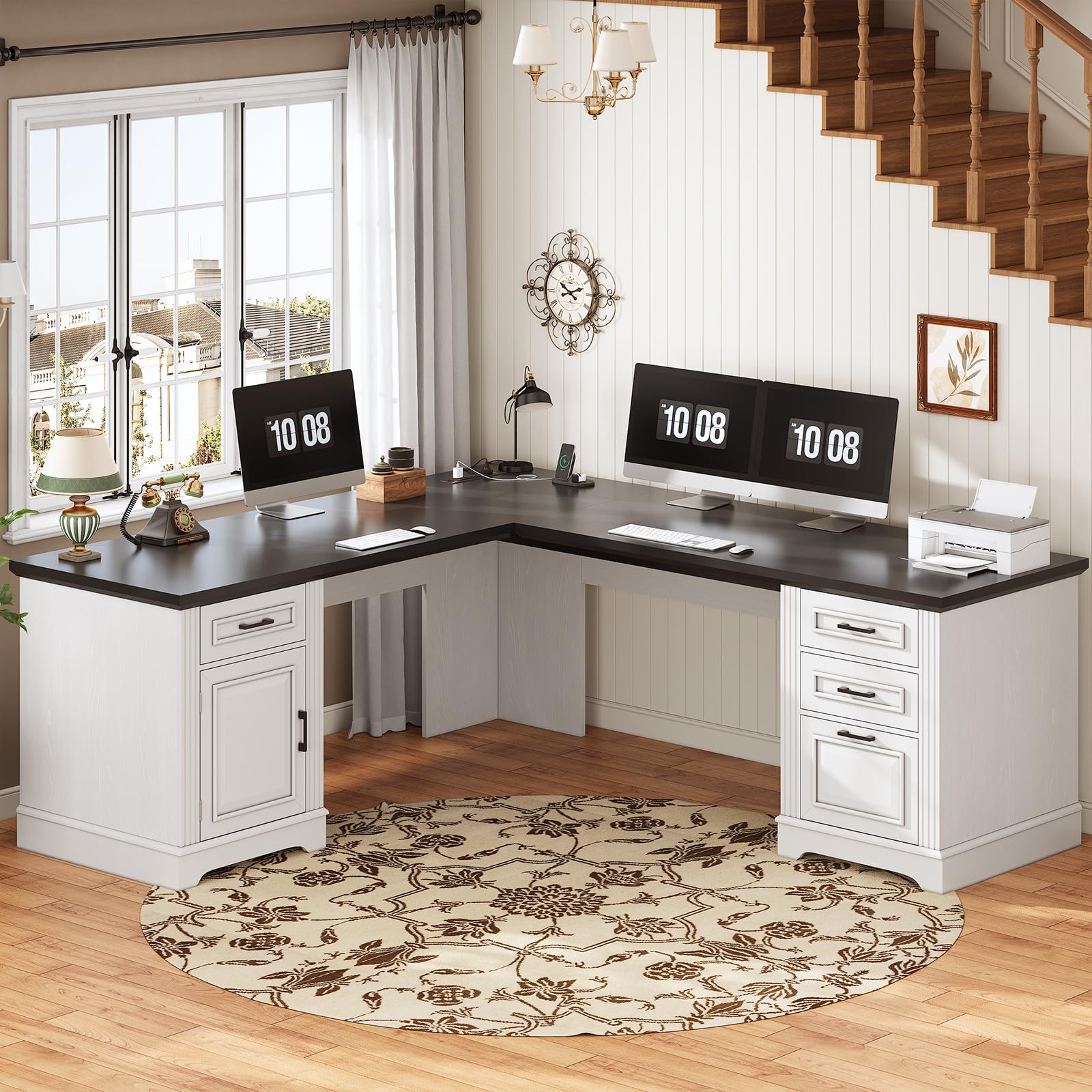 SEDETA 69" L Shaped Desk with Drawers and Storage, Farmhouse Computer Desk with File Drawers and Power Outlet, Corner Executive Desk with Storage Cabinet for Home Office, Grey