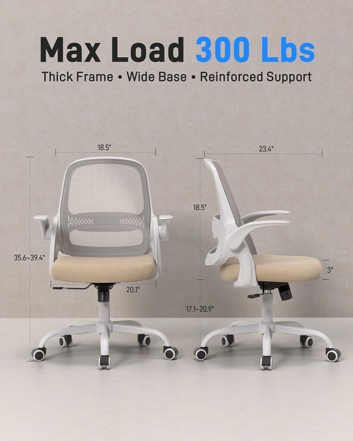 Ergonomic Mesh Office Chair for Home Office, Flip-Up Arms, Breathable Mesh Back & Thick Seat Cushion, Swivel Rolling Computer Desk Chair – BIFMA Certified, Supports 300 lbs (White Frame/Beige Seat)