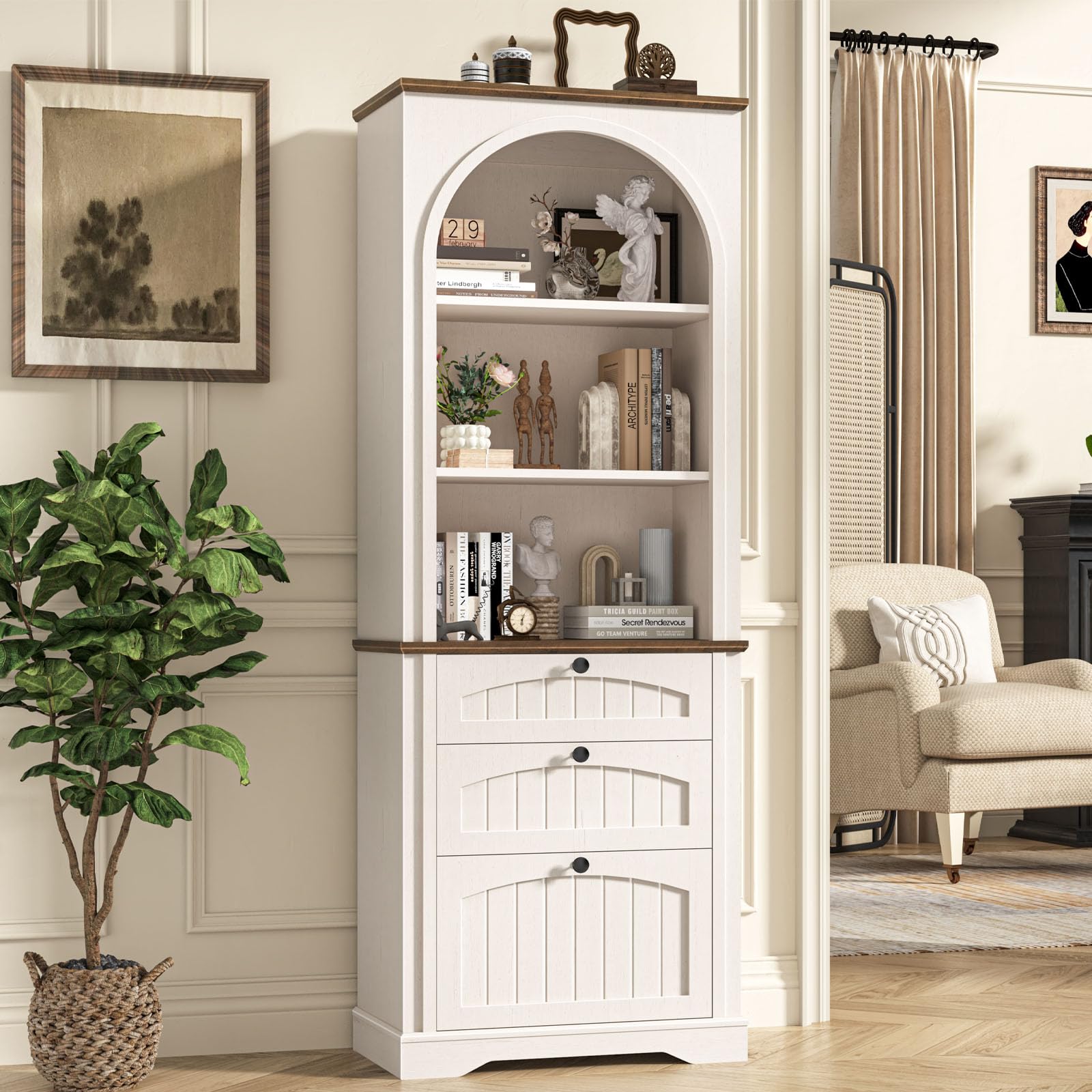 Fluted Bookcase with Doors and Drawer, Modern Farmhouse 70.47'' Tall Narrow Bookshelf with Storage, Wooden Floor Standing 6 Shelf Display Book Shelf Organizer for Home Office, Living Room, Oak