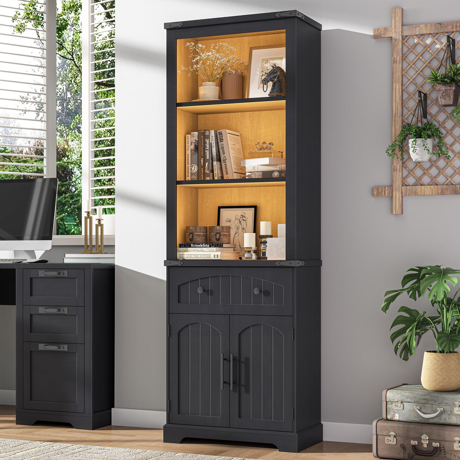 Fluted Bookcase with Doors and Drawer, Modern Farmhouse 70.47'' Tall Narrow Bookshelf with Storage, Wooden Floor Standing 6 Shelf Display Book Shelf Organizer for Home Office, Living Room, Oak