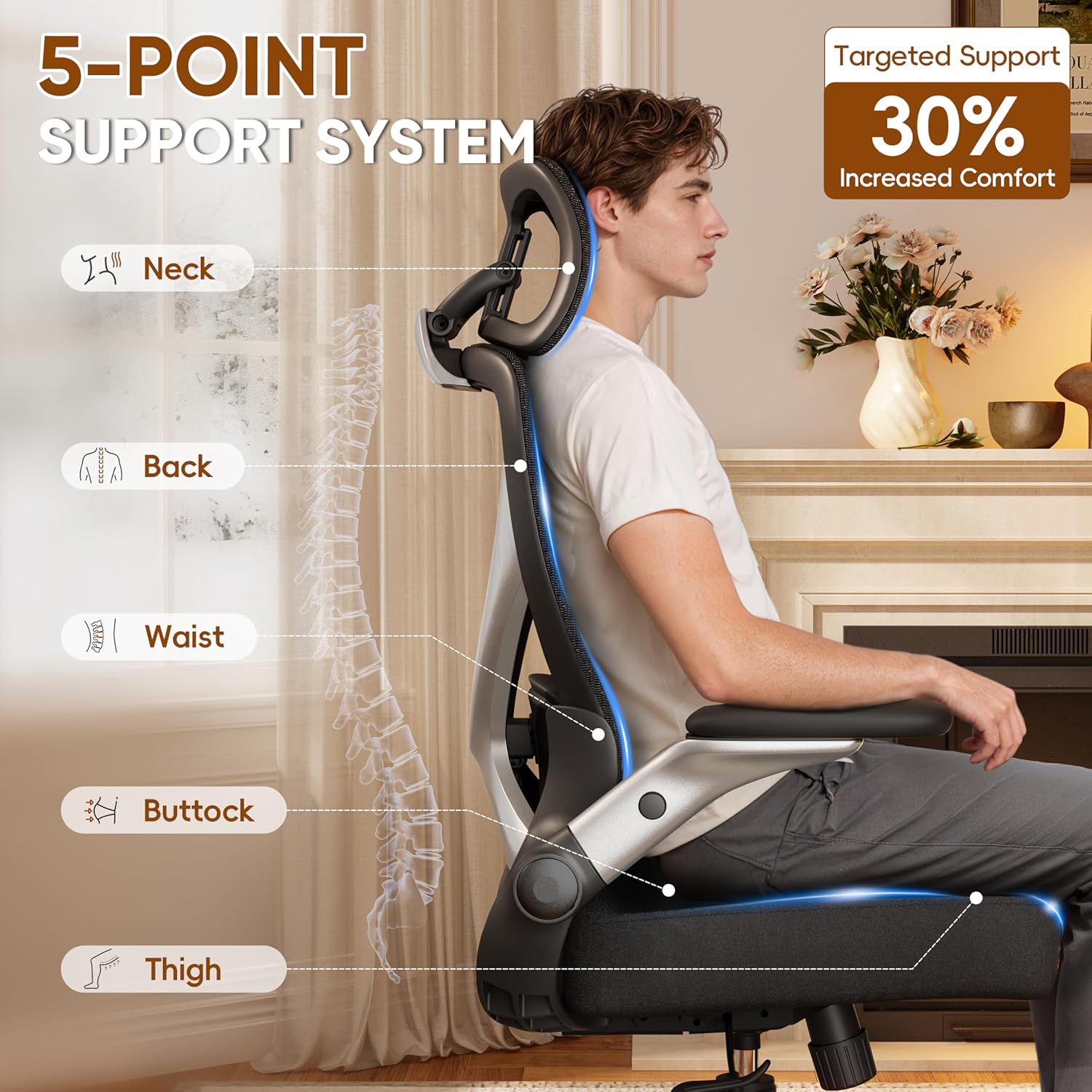 GABRYLLY Ergonomic Office Chair, Big and Tall Mesh Chair with Adjustable Lumbar Support, 5D Arms & Wide Seat, 135° Recline Home Desk Computer Chairs for Work Gaming, Heavy Duty,400LBS - Black