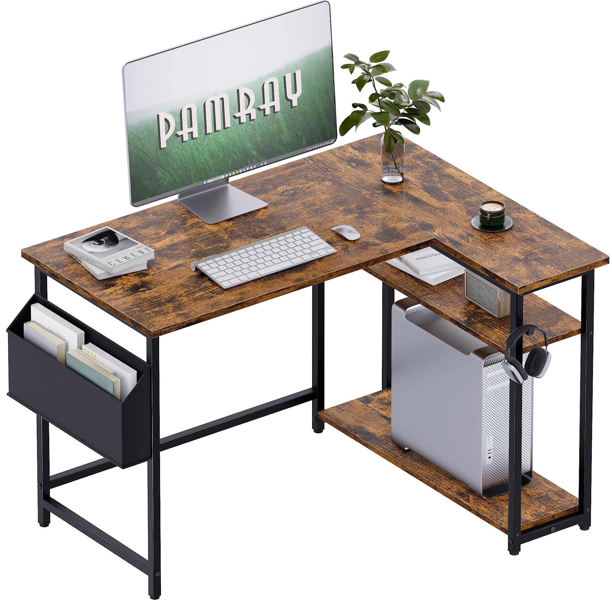 Pamray 43 Inch L Shaped Computer Desk with Reversible Side Storage Shelves, Small Corner Desk for Small Space Home Office,Writing Study Table Gaming PC Desk for Bedroom,Black