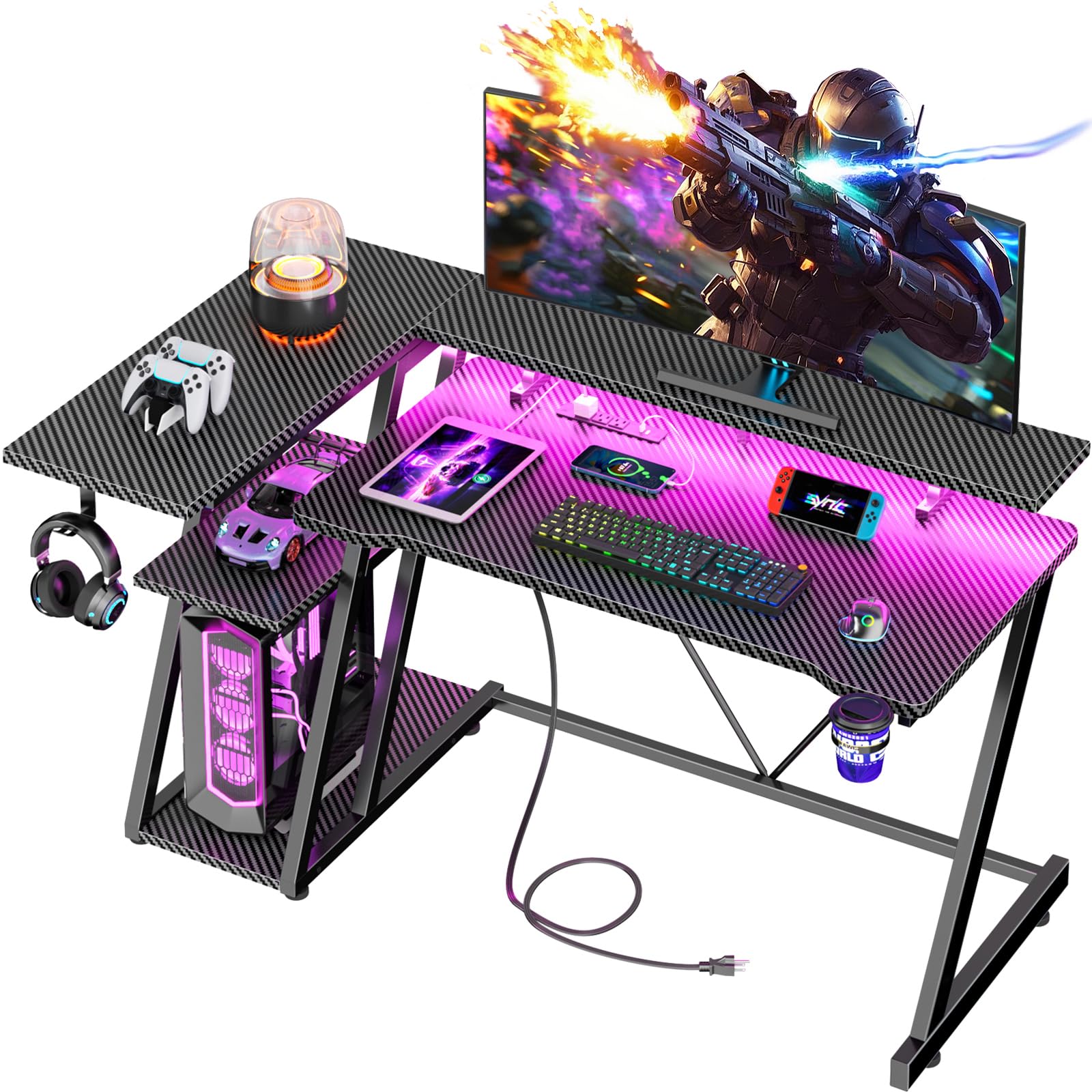 Korfile 40 Inch Gaming Desk with Power Outlet & LED Lights, L Shaped Computer Gaming Table with 3 Tiers Storage Shelves, Corner Gamer Desk with Monitor Stand for Small Space, Carbon Fiber Black