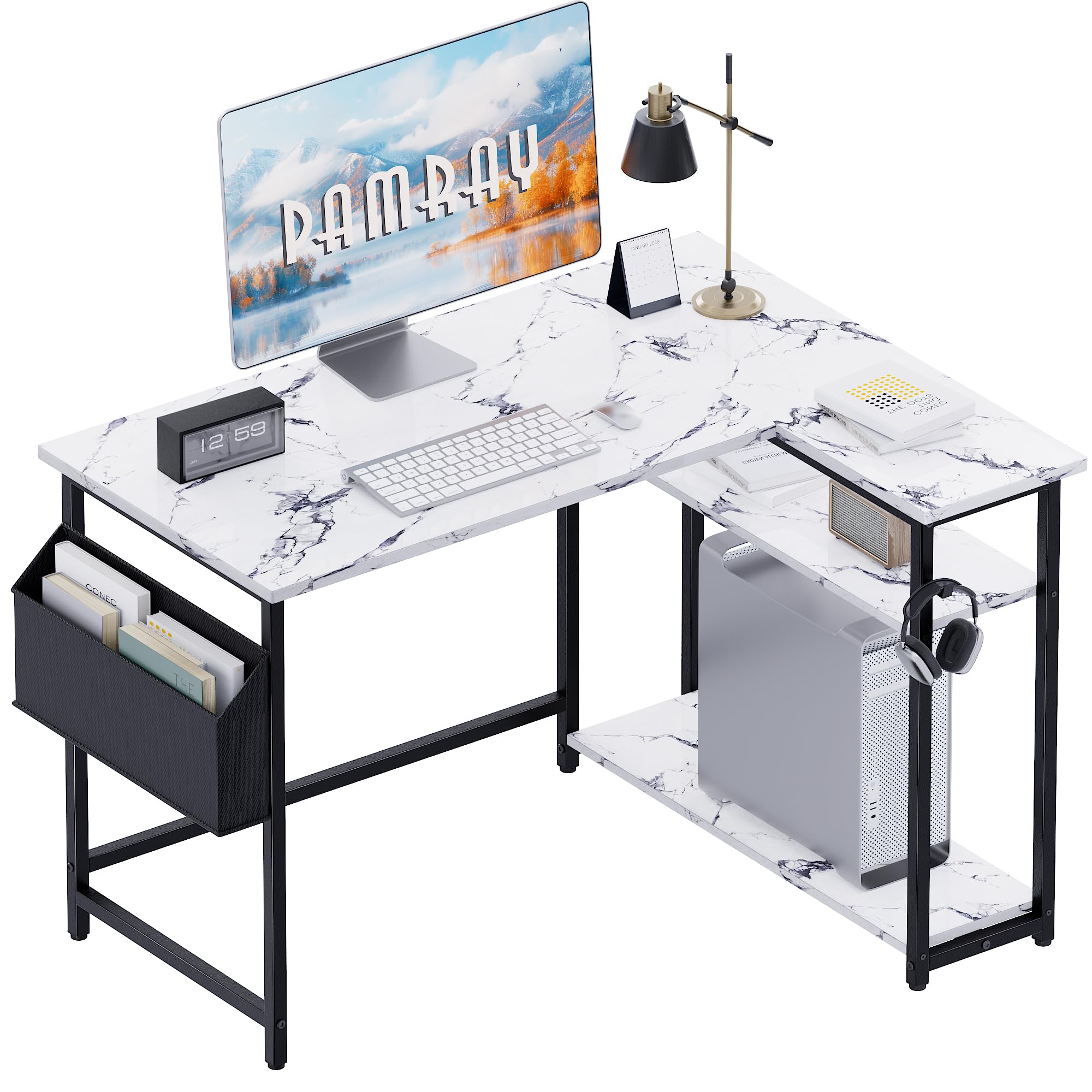 Pamray 43 Inch L Shaped Computer Desk with Reversible Side Storage Shelves, Small Corner Desk for Small Space Home Office,Writing Study Table Gaming PC Desk for Bedroom,Black