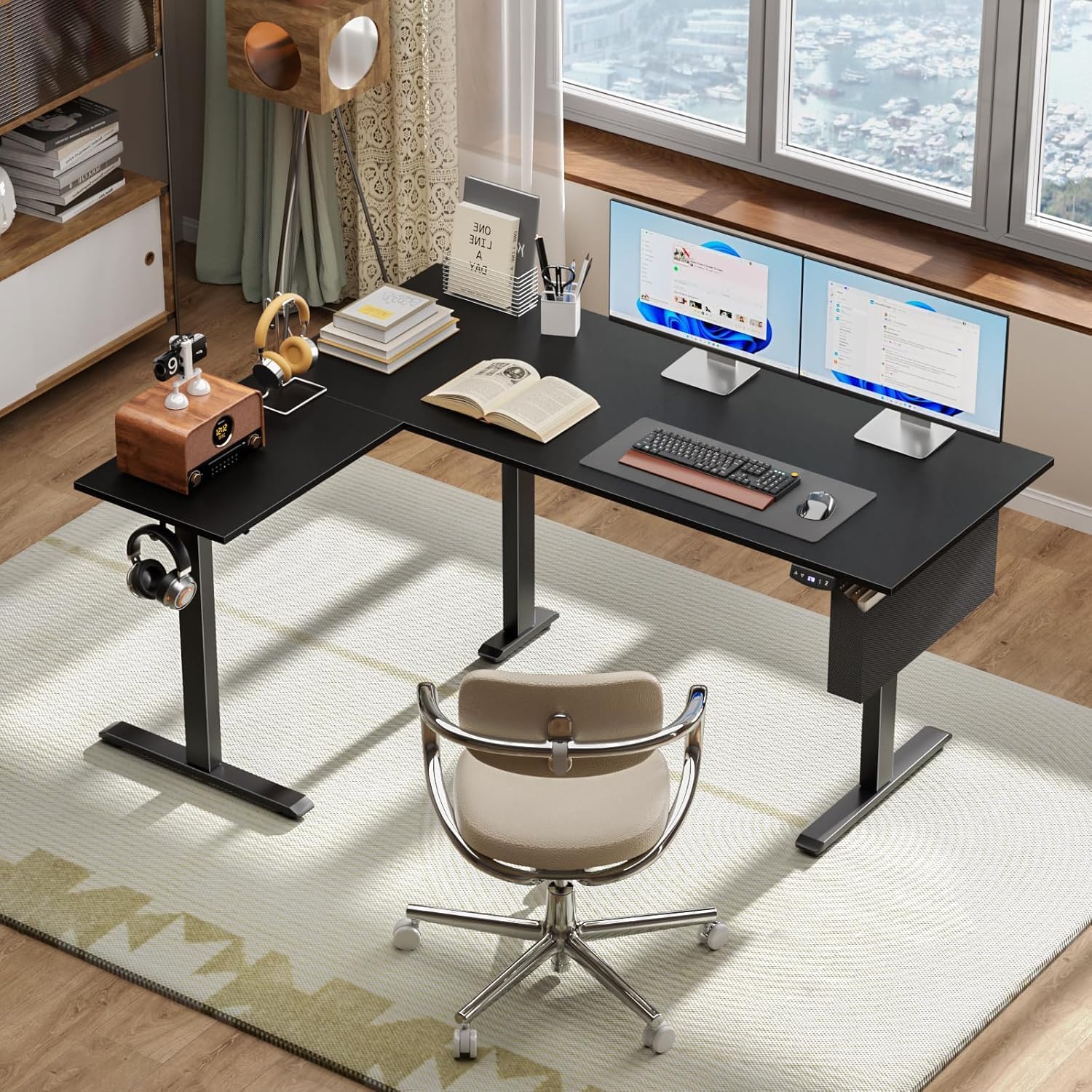 Korfile L Shaped Electric Standing Desk,63 Inch Adjustable Height Sit to Stand Corner Desk with Memory Presets, Reversible Computer Table for Home Office, Work and Study, Black