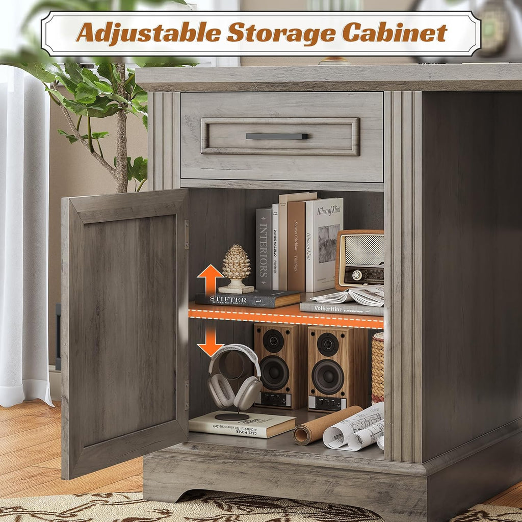 SEDETA 69" L Shaped Desk with Drawers and Storage, Farmhouse Computer Desk with File Drawers and Power Outlet, Corner Executive Desk with Storage Cabinet for Home Office, Grey