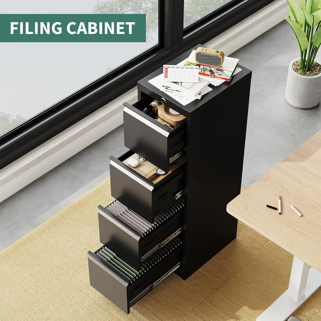 4 Drawer Metal Storage Cabinet with Lock, Wide Steel Filing Unit with Wheels, Rolling Mobile Office Storage for Letter/Legal Files, Home, Office, School, Black