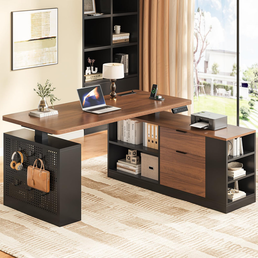 UPOSOJA L Shaped Standing Desk Adjustable Height, 53" Electric Office Desk with File Drawers & Storage Shelves, Sit Stand Corner Computer Desk with Power Outlets, Pegboard, 6 Hooks, Black & Walnut